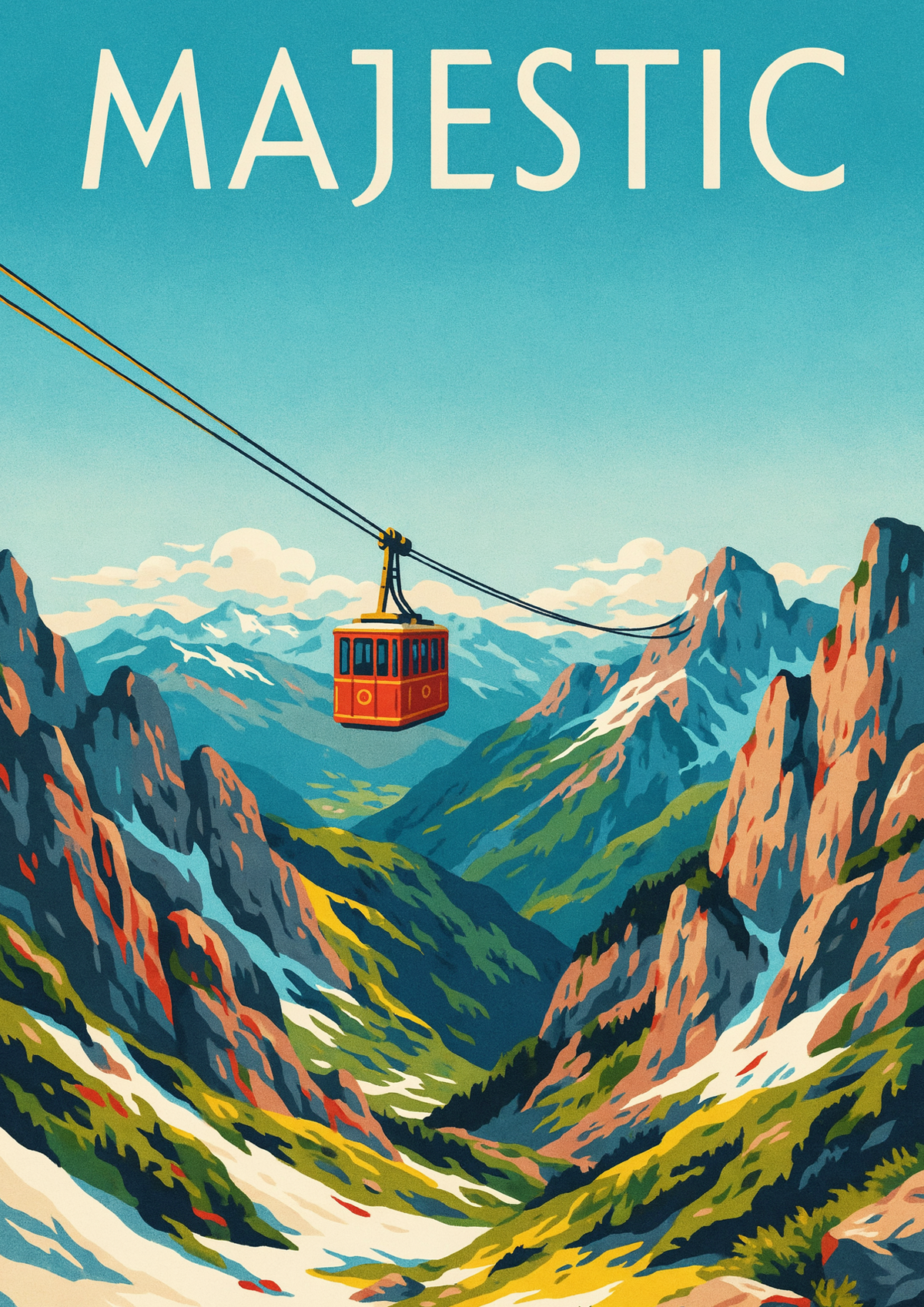 Affiche téléphérique montagne Majestic vintage