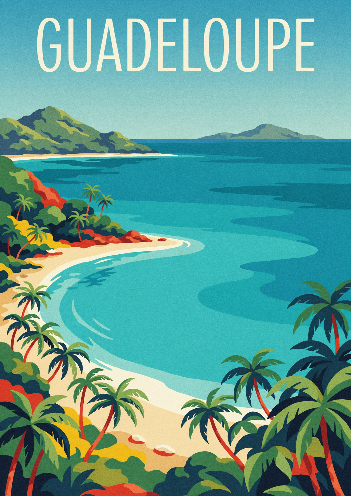 Affiche Guadeloupe paysage tropical palmier plage