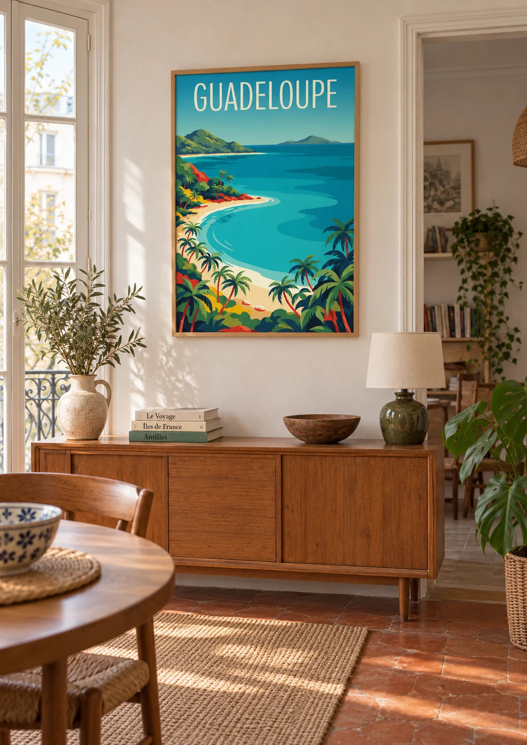Affiche Guadeloupe paysage tropical palmier plage, A2, vue éloignée