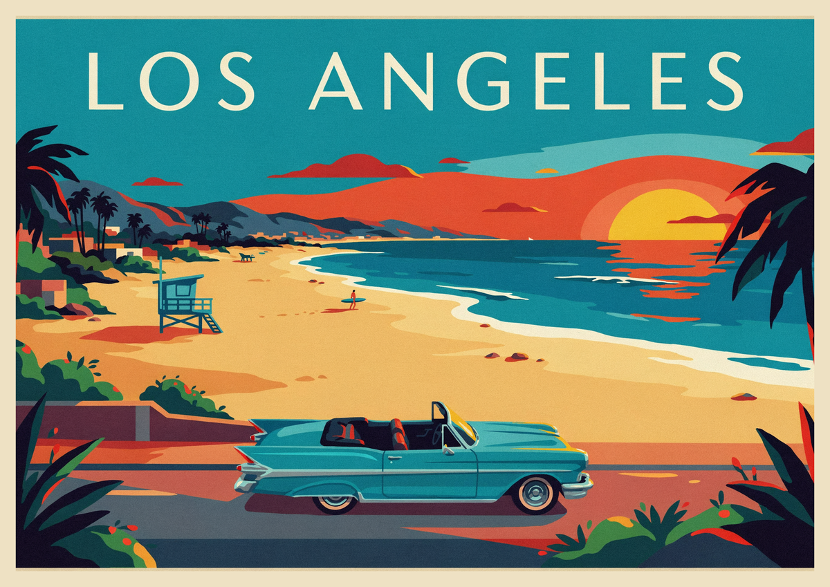 Affiche Los Angeles Californie rétro décapotable plage
