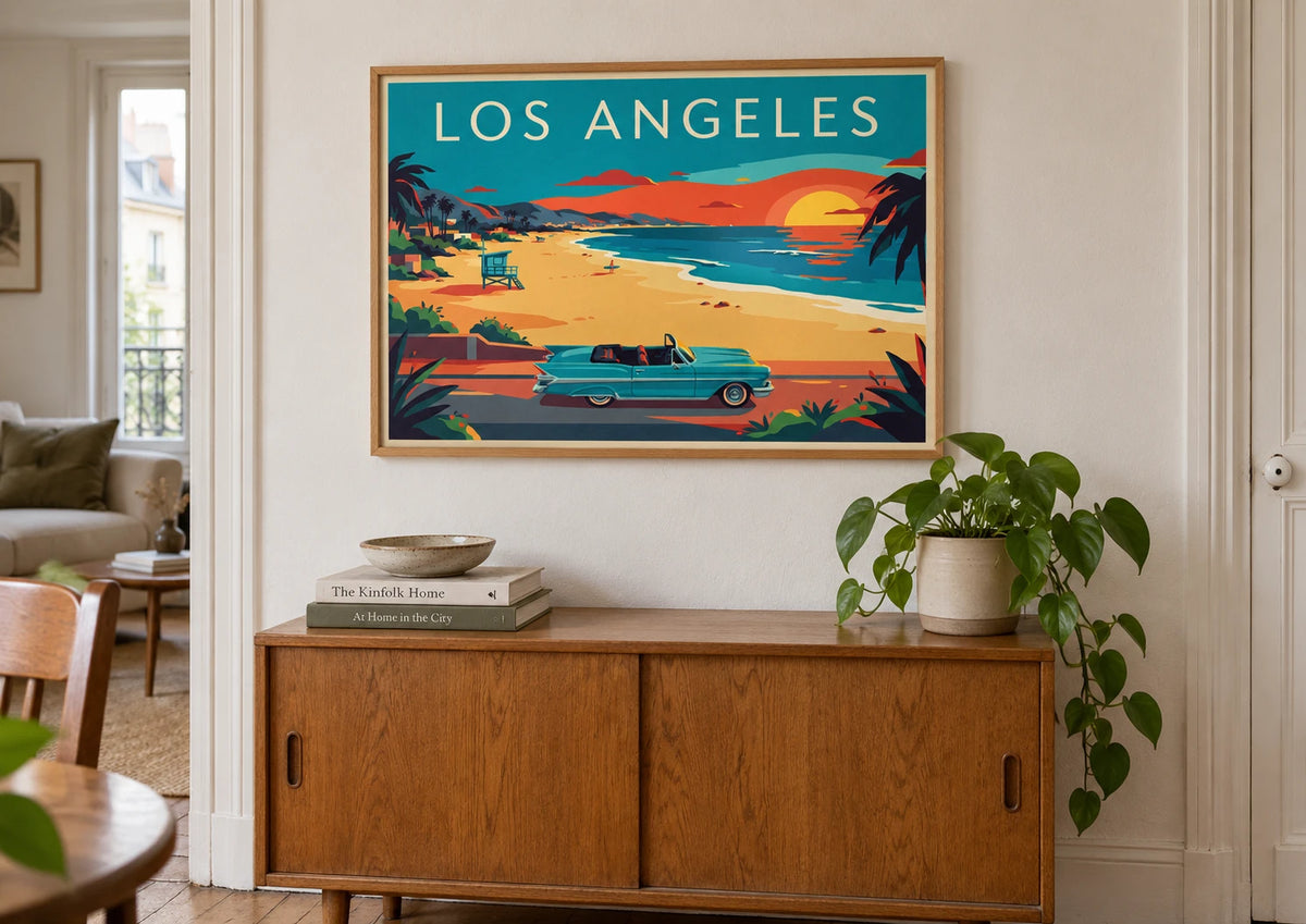 Mise en situation de Affiche Los Angeles Californie rétro décapotable plage