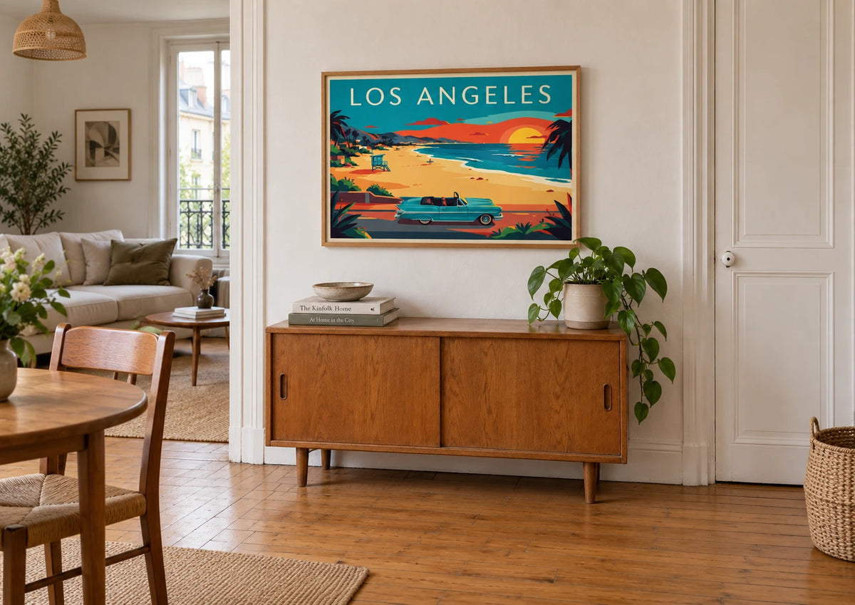 Affiche Los Angeles Californie rétro décapotable plage, A2, vue éloignée