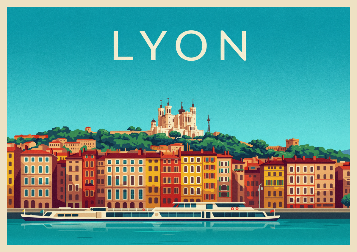 Affiche Bateau fluvial style art déco Lyon