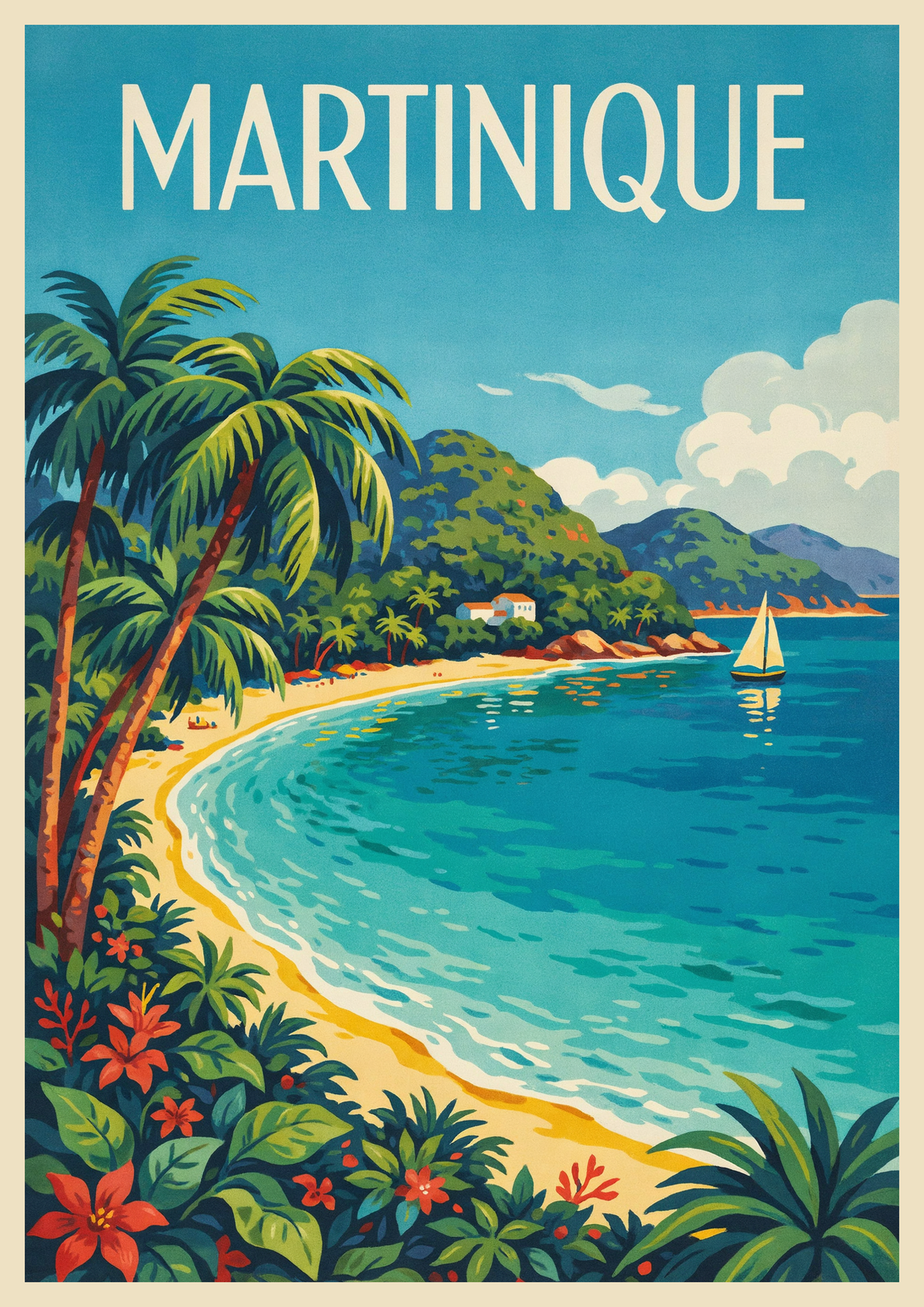 Affiche Martinique Caribbean Sea avec palmiers et voilier