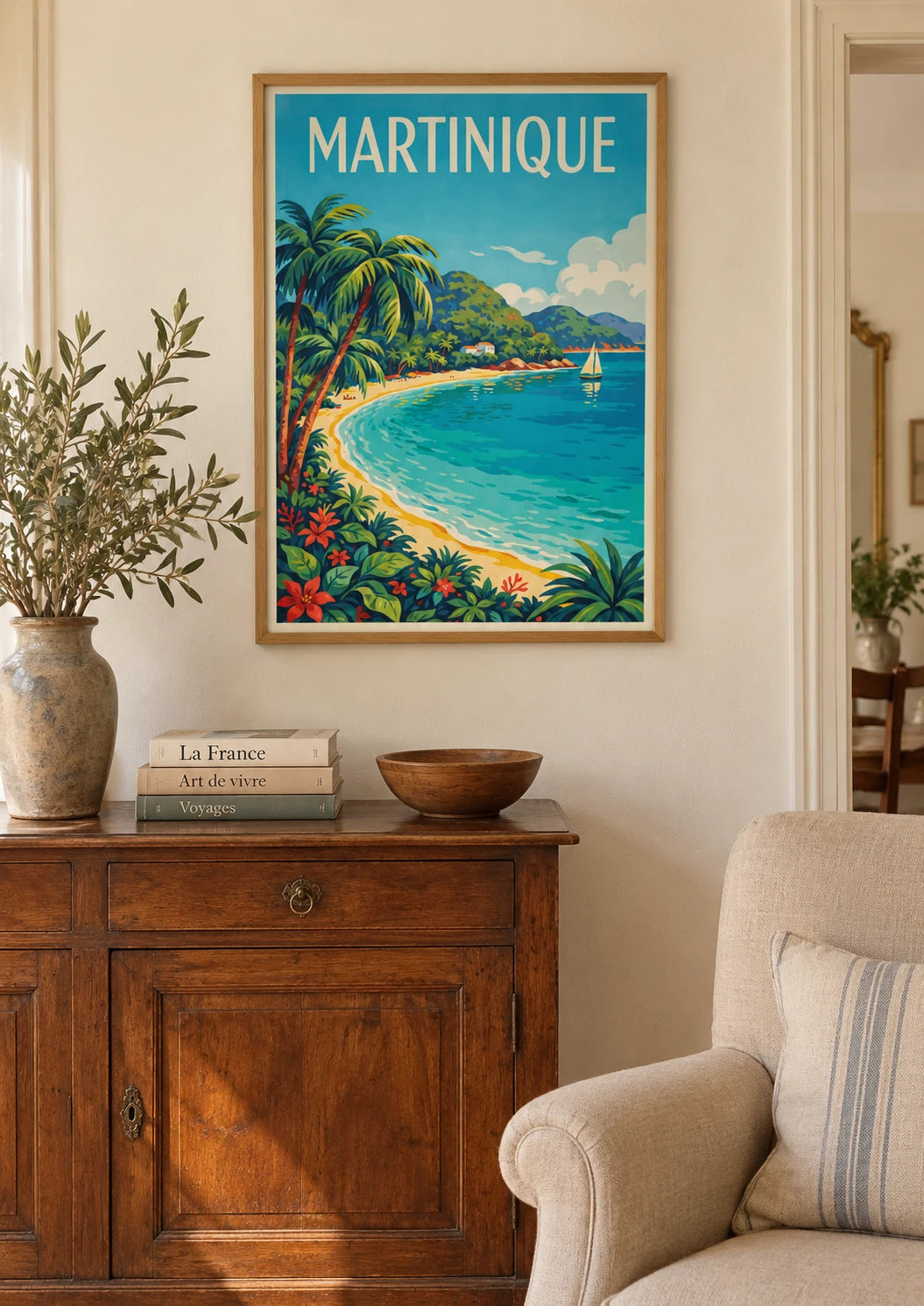 Mise en situation de Affiche Martinique Caribbean Sea avec palmiers et voilier