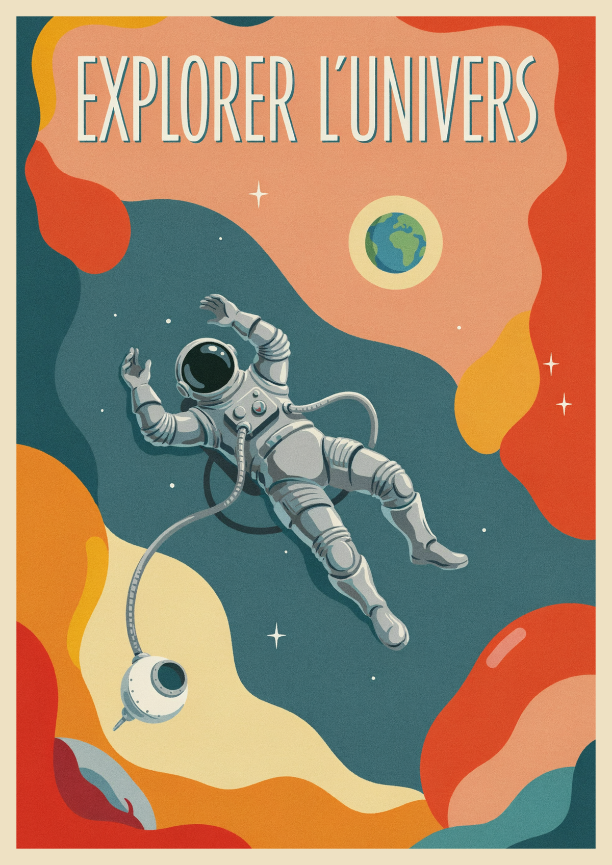 Affiche astronaute explorateur de l'univers rétro