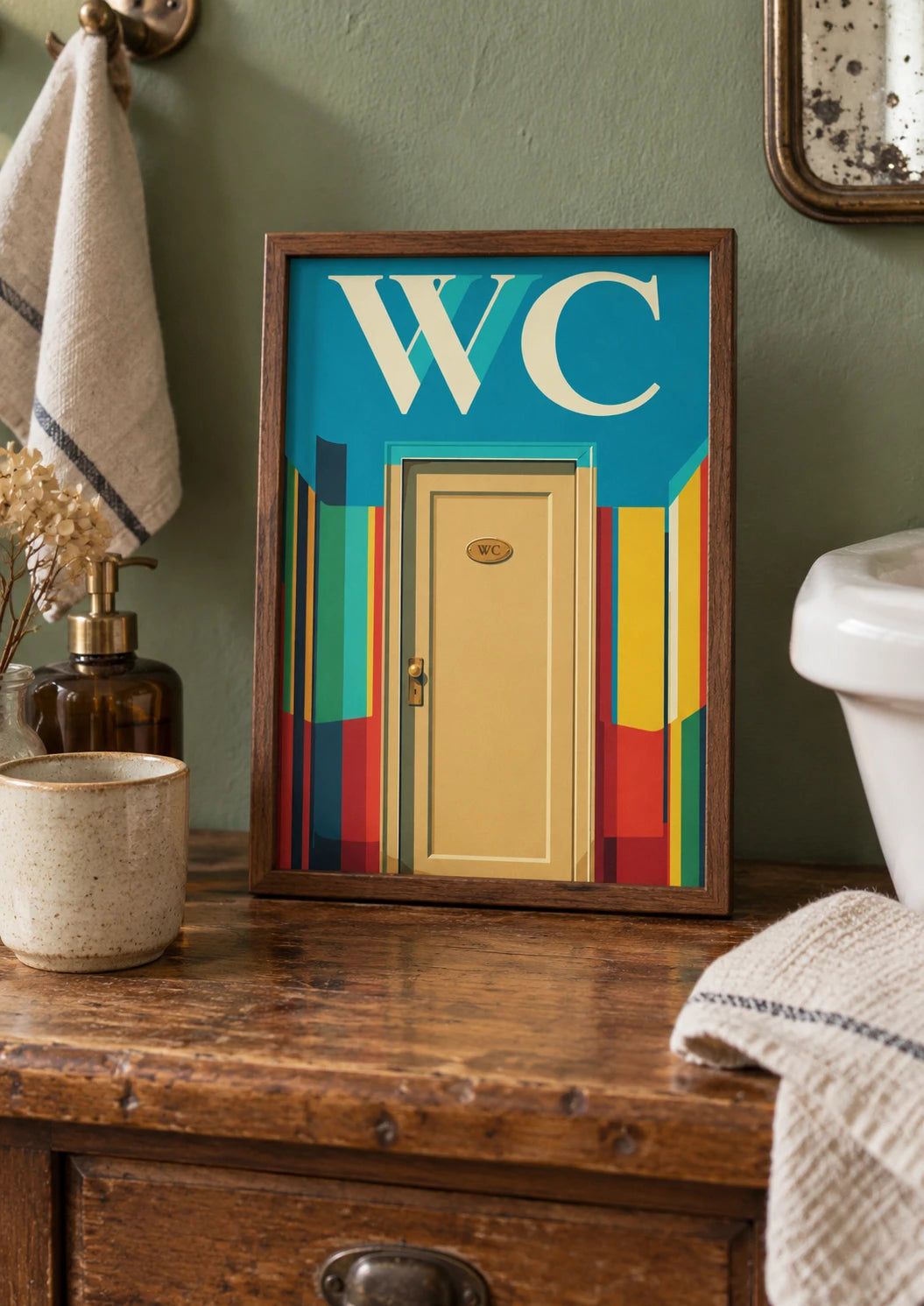 WC : mise en situation de Affiche WC vintage, porte et enseigne rétro