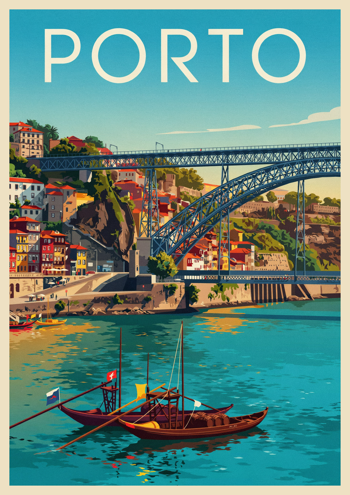 Affiche Porto Portugal bateau Douro vintage