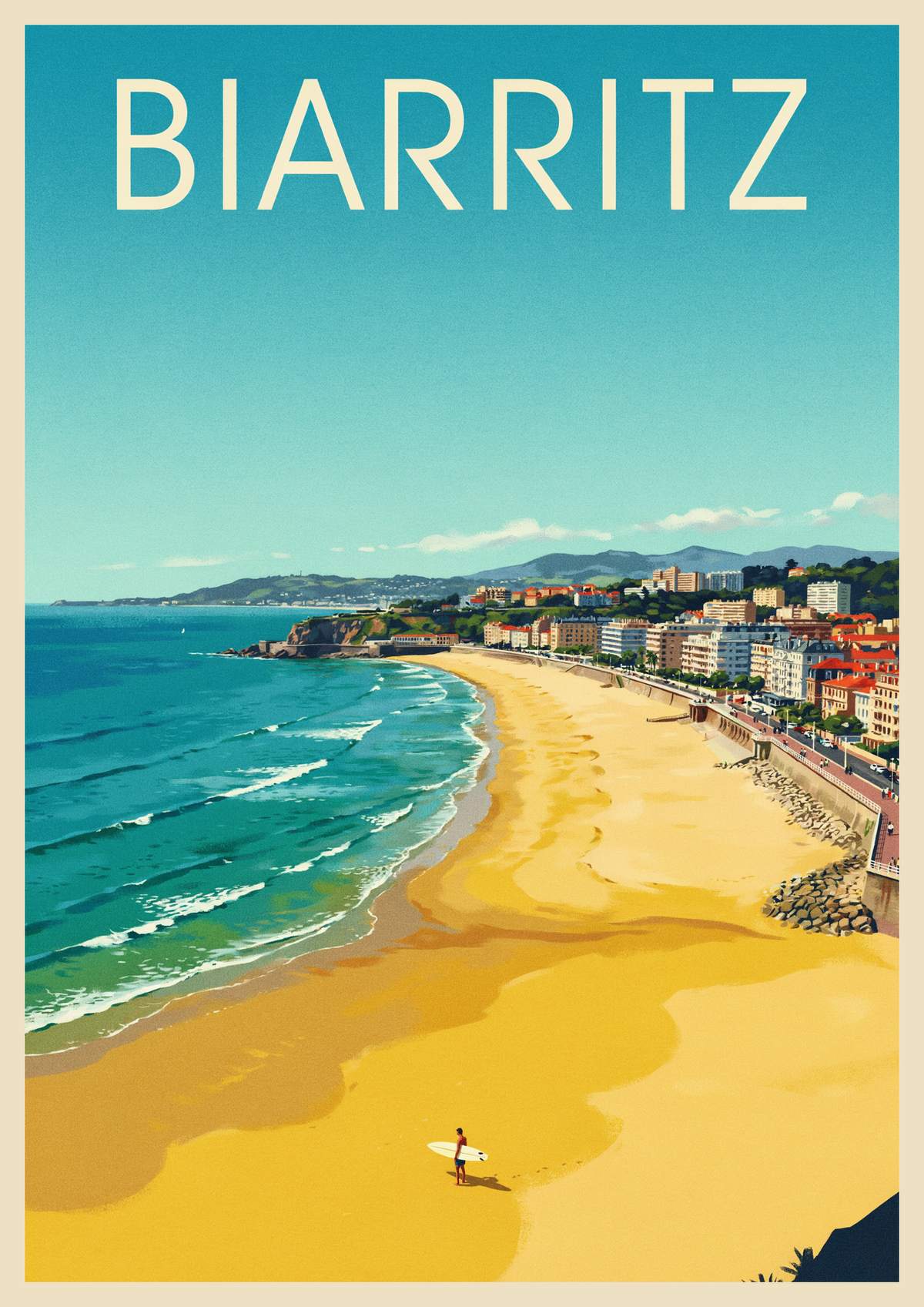 Affiche Biarritz surfeur Côte Basque style Art Déco