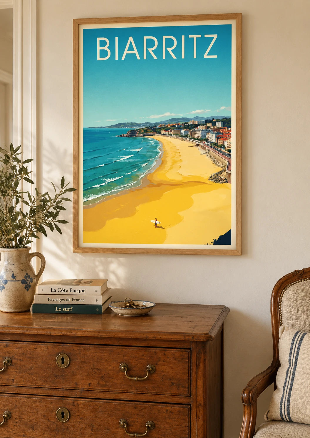 Mise en situation de Affiche Biarritz surfeur Côte Basque style Art Déco