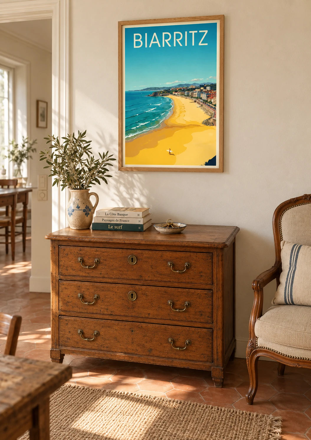 Affiche Biarritz surfeur Côte Basque style Art Déco, A2, vue éloignée
