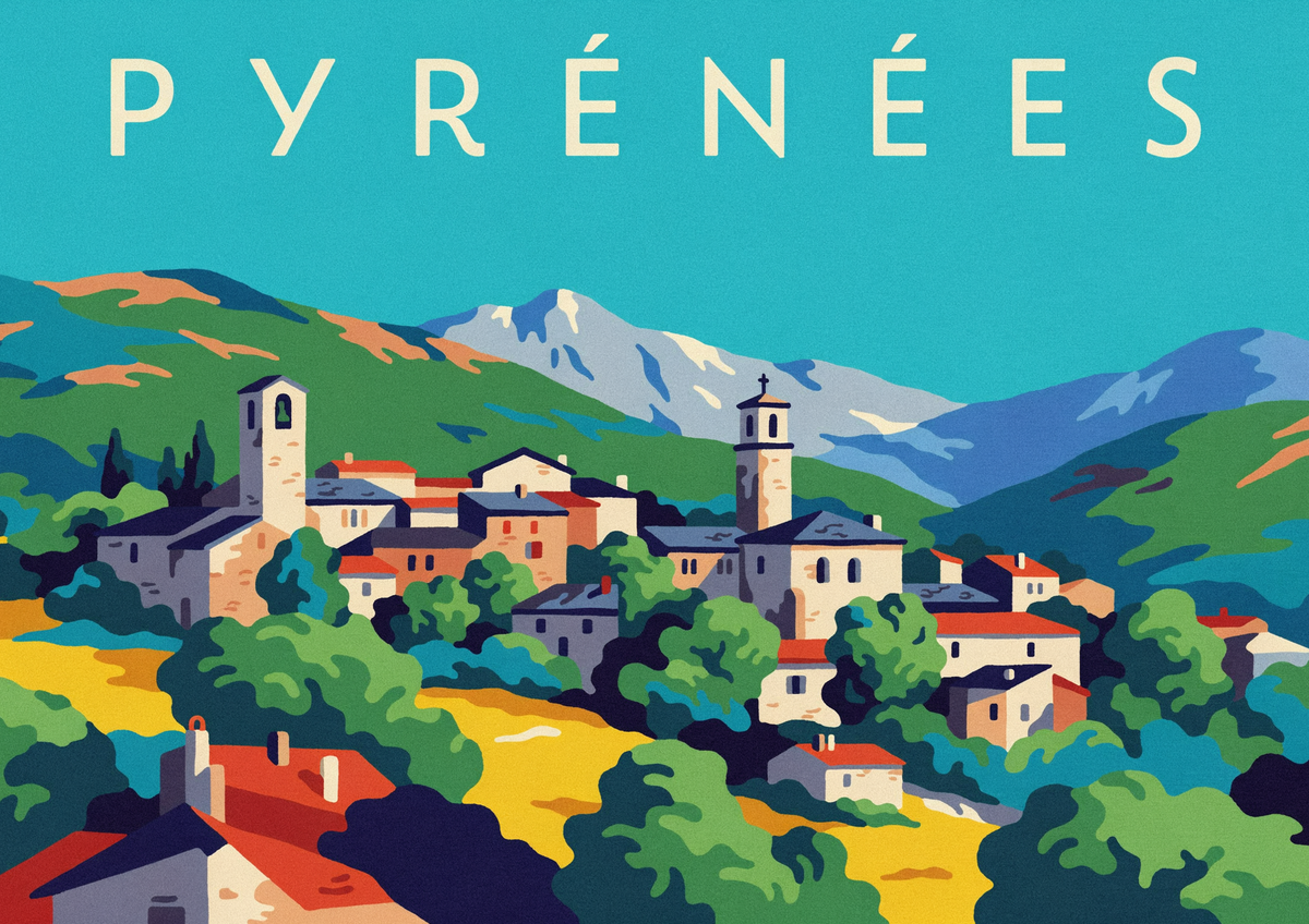 Affiche Église de montagne style art déco Pyrénées