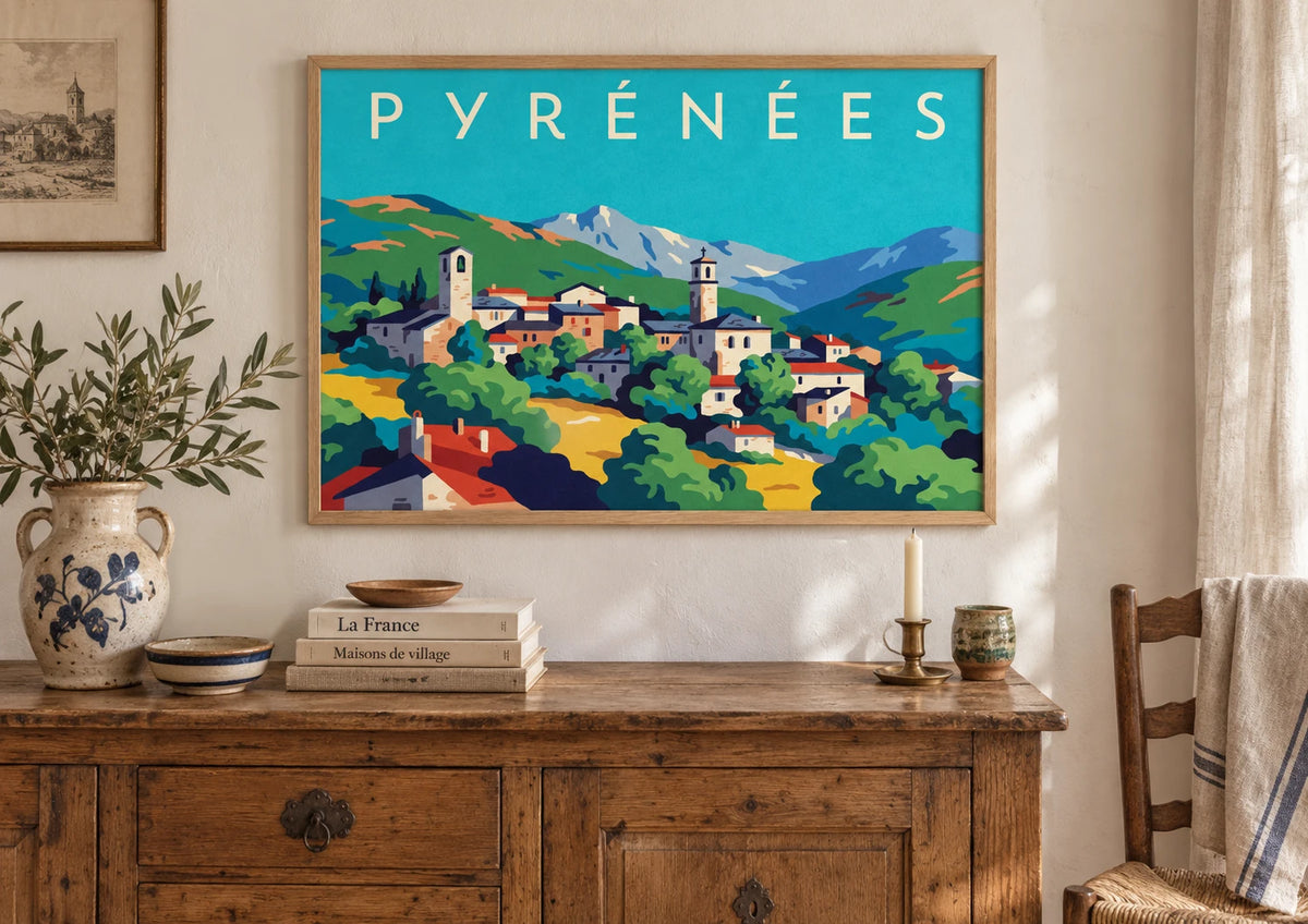 Mise en situation de Affiche Église de montagne style art déco Pyrénées