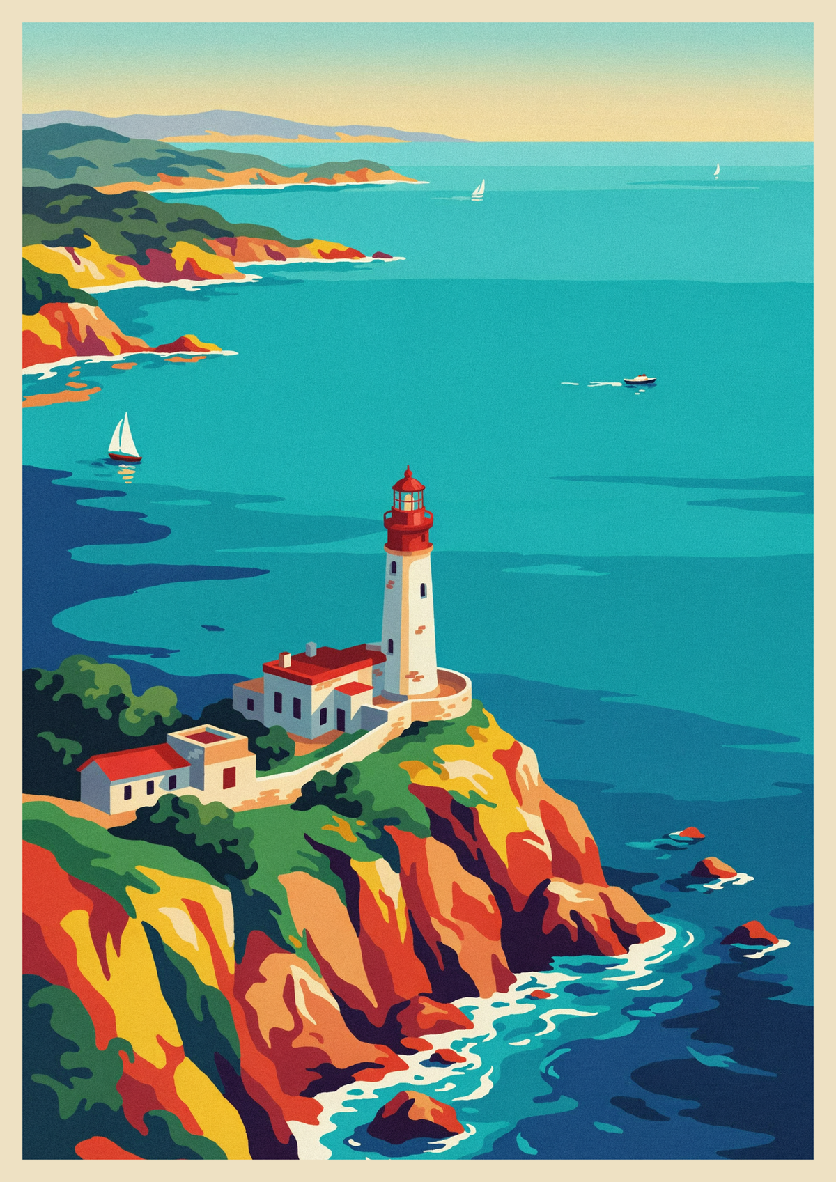 Affiche Phare côtier Art Déco sur falaise avec voiliers