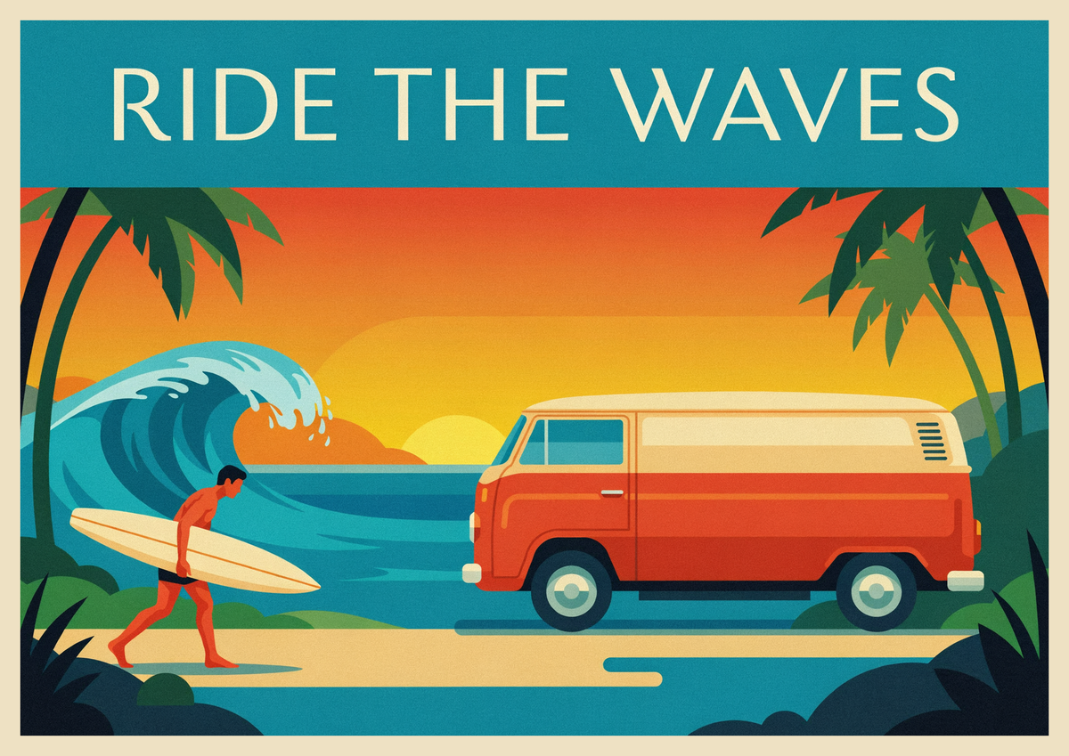 Affiche rétro Ride the Waves van et surfeurs