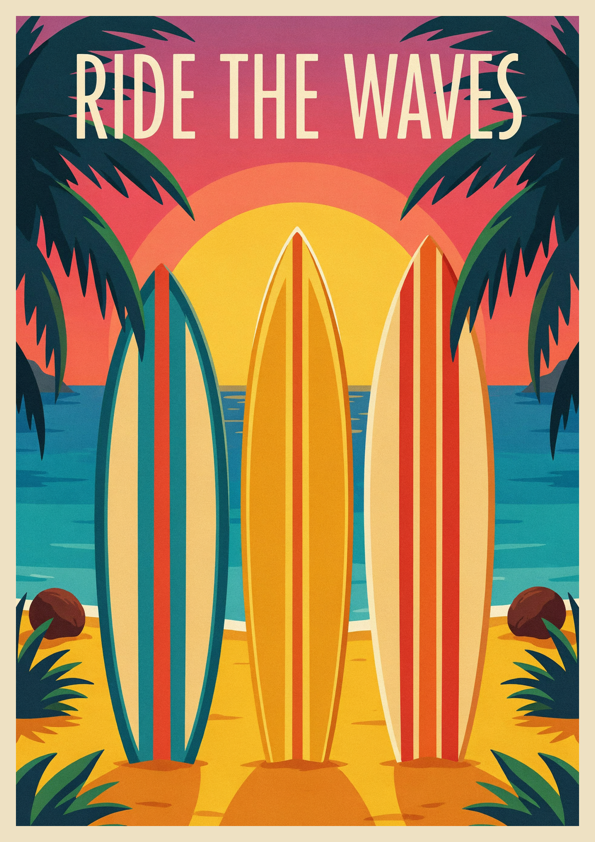 Affiche rétro planches de surf et coucher de soleil tropical