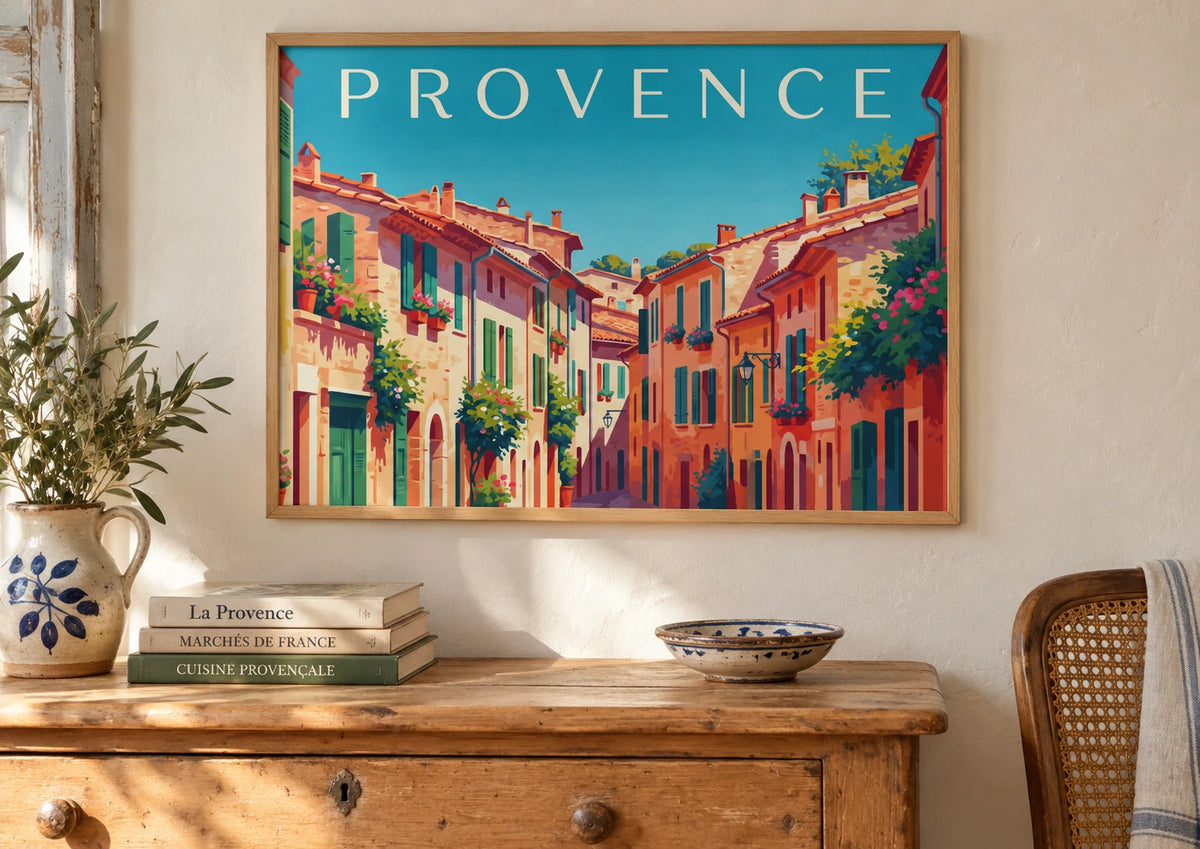 Mise en situation de Affiche village méditerranéen architecture provençale années 1930