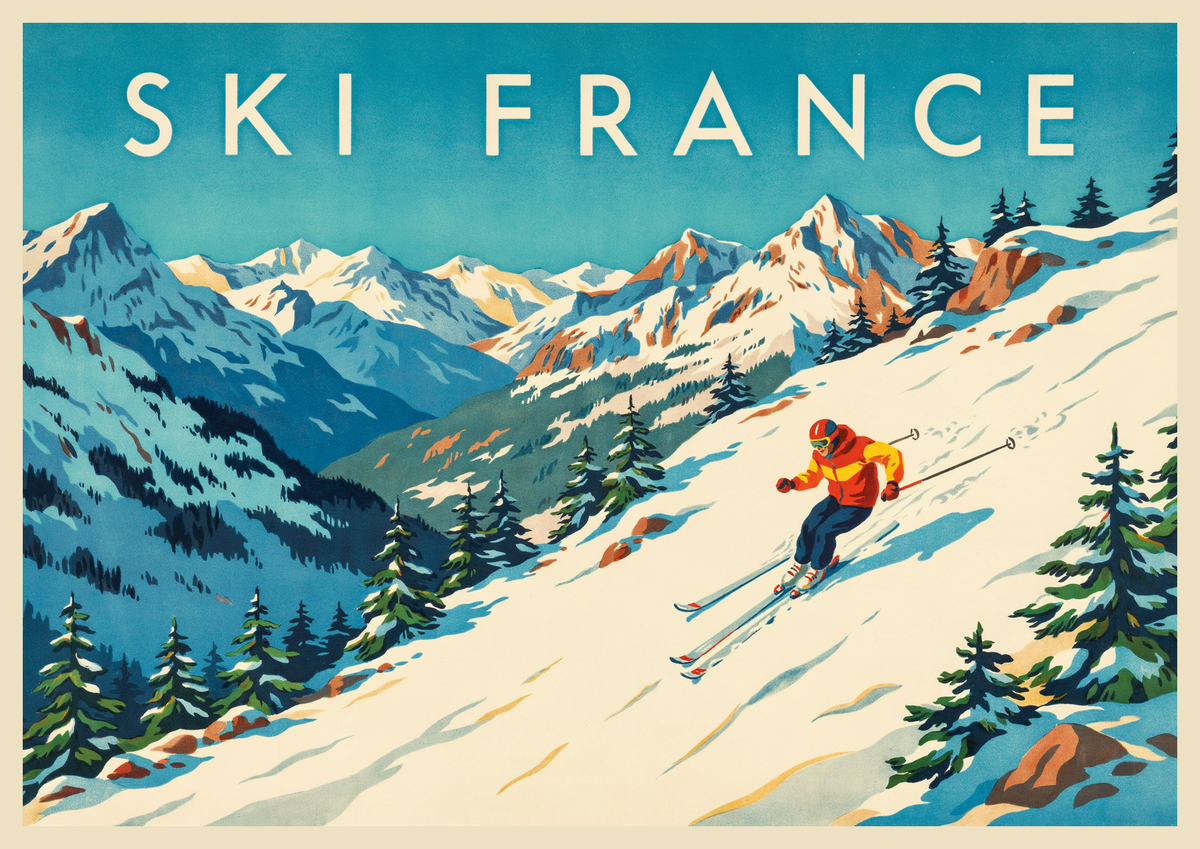 Affiche France descente montagne enneigée rétro Ski
