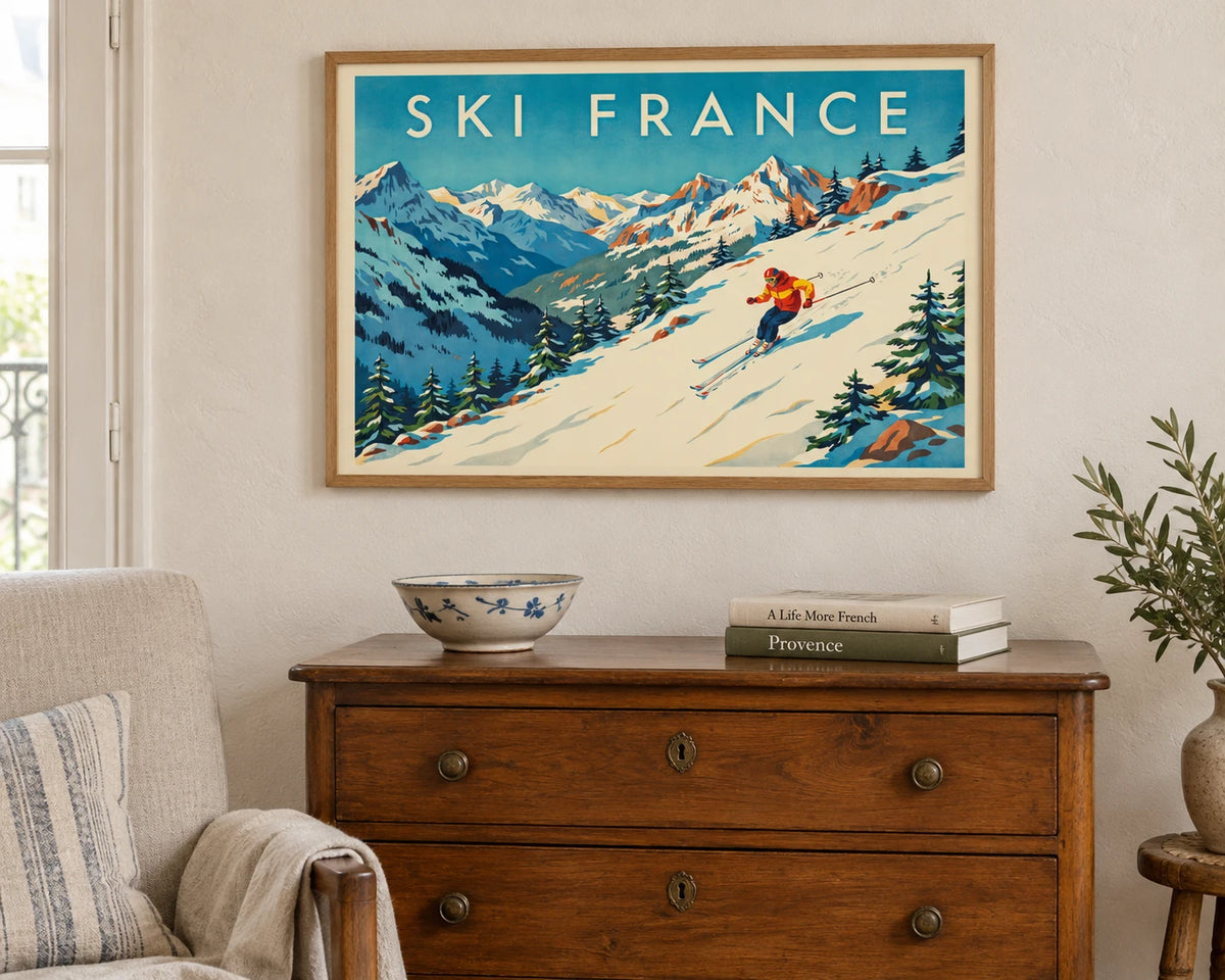 Mise en situation de Affiche France descente montagne enneigée rétro Ski