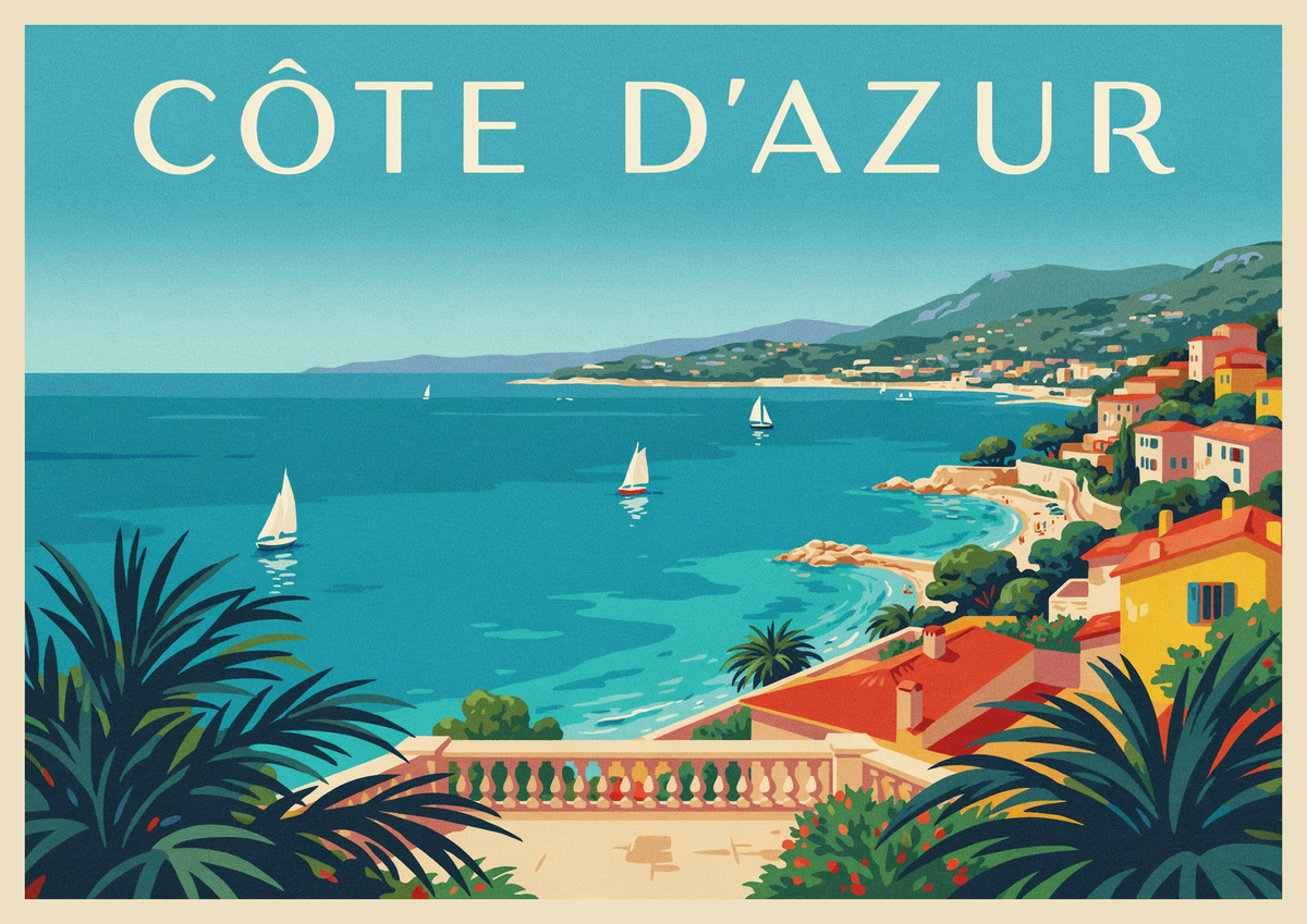 Affiche Côte d'Azur bateau voilier méditerranée