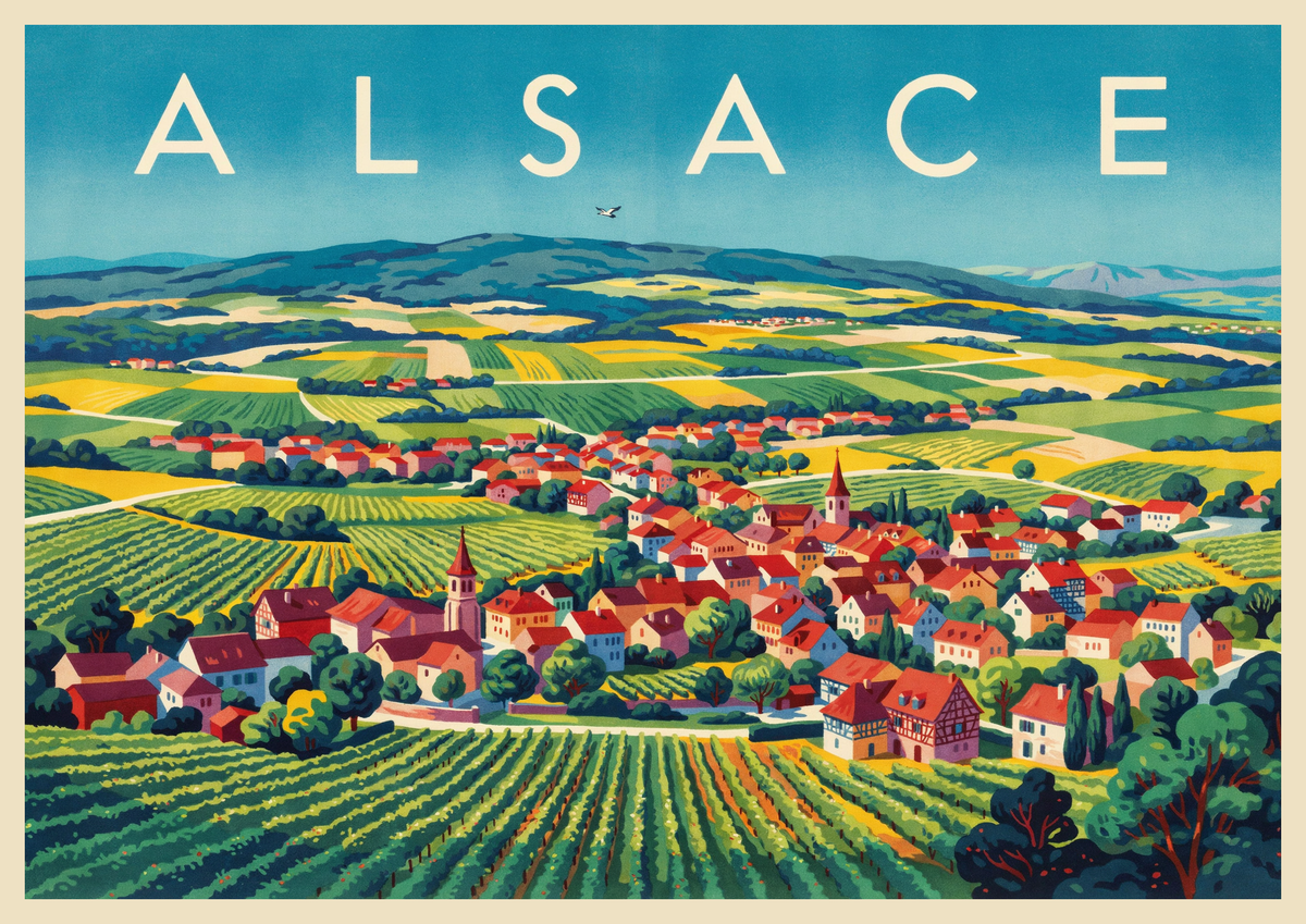 Affiche Route des Vins vignobles terrasses Alsace