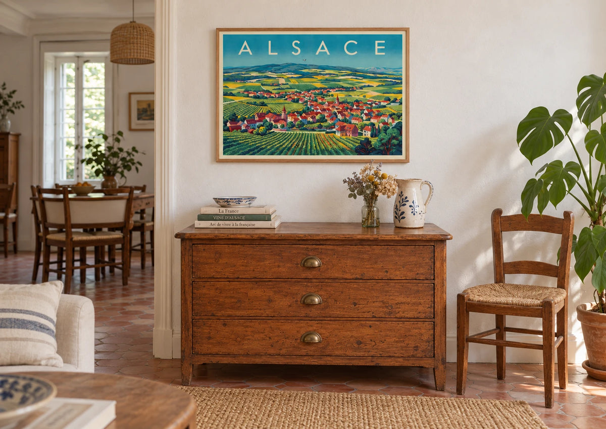 Affiche Route des Vins vignobles terrasses Alsace, A2, vue éloignée