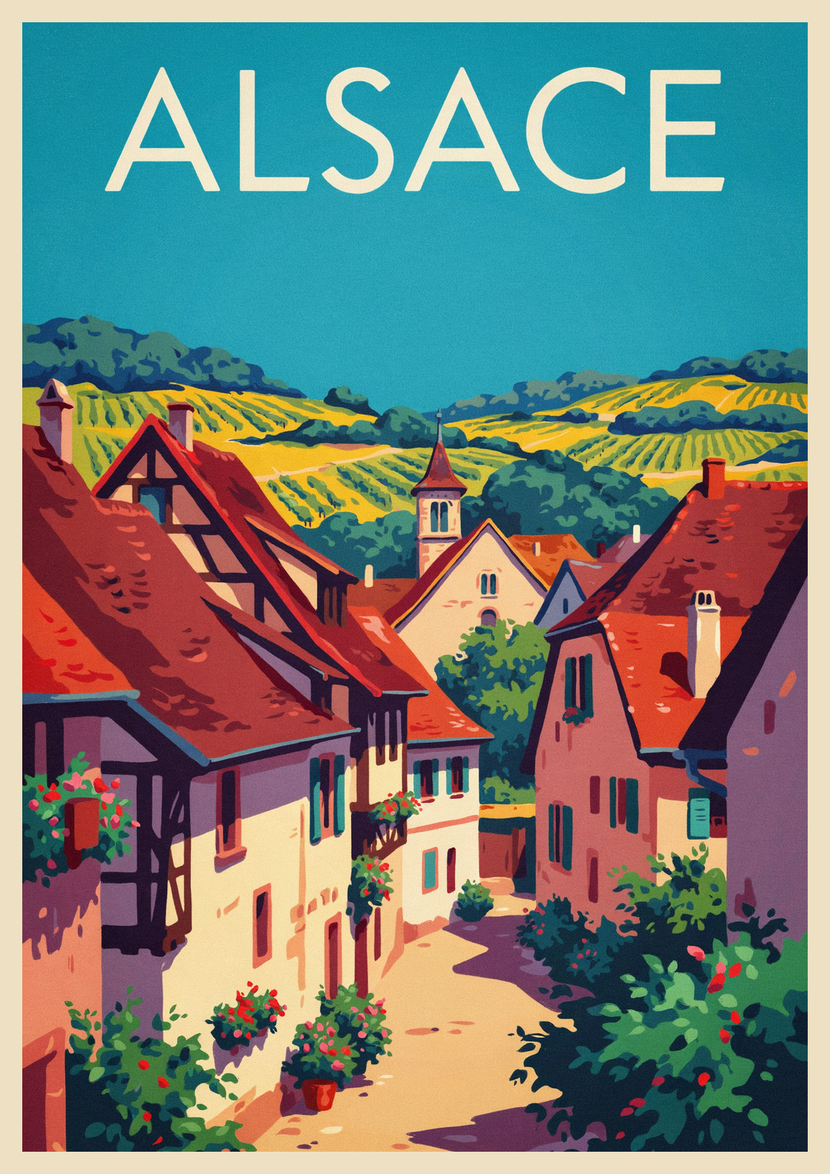 Affiche touristique Alsace village église colombages