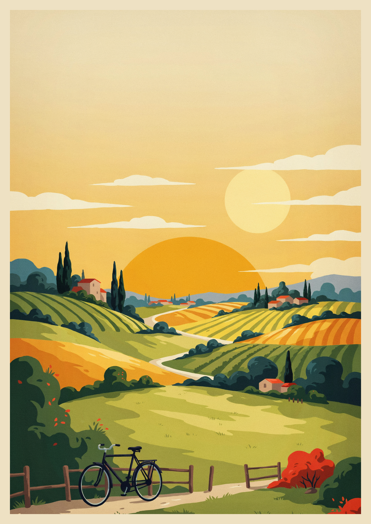 Affiche Art Déco paysage rural avec vélo et coucher de soleil