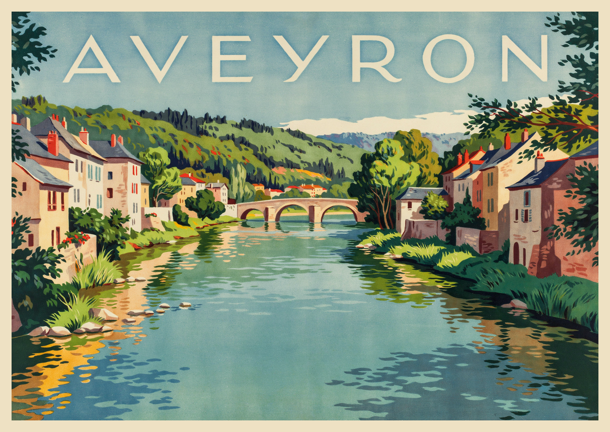 Affiche Aveyron paysage canal et maisons pierre