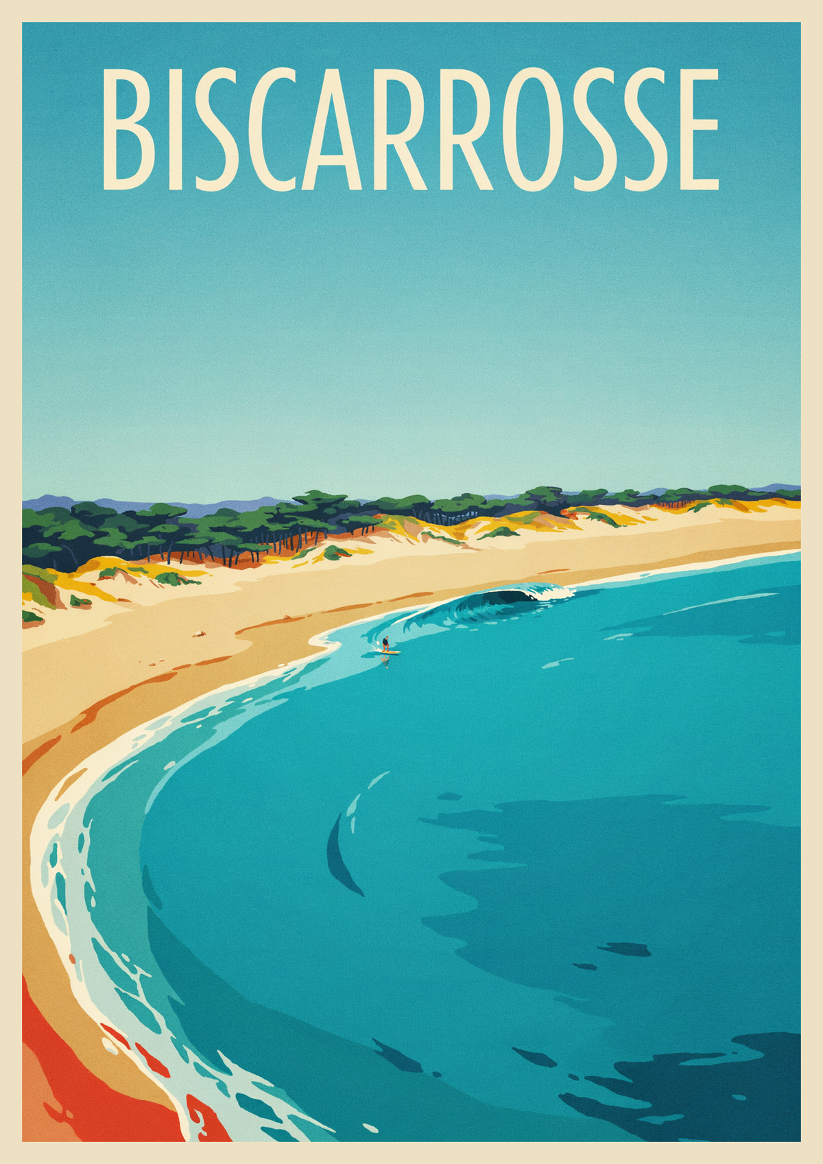 Affiche Biscarrosse Plage surfeur vague Art Déco, Affiche