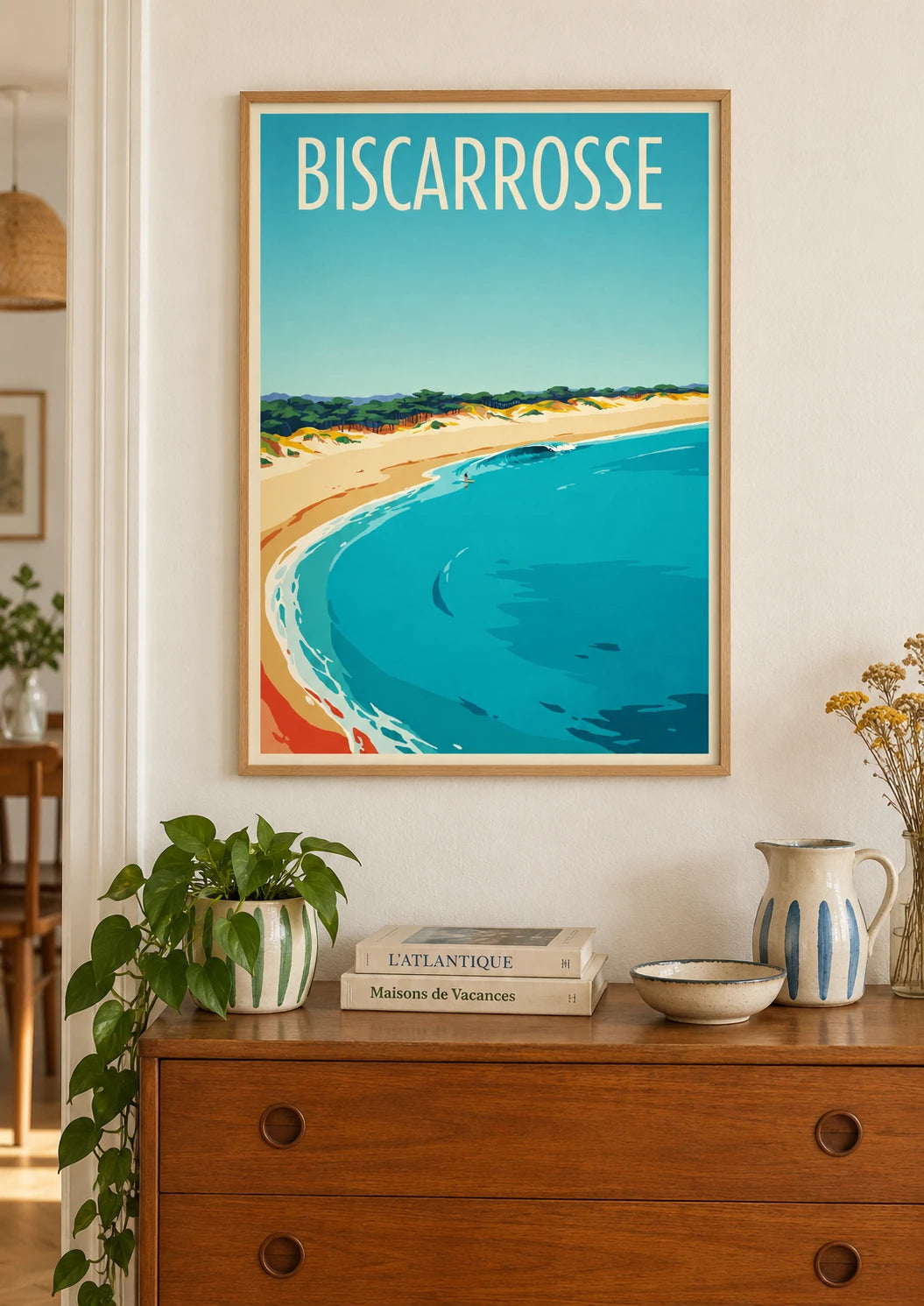 Mise en situation de Affiche Biscarrosse Plage surfeur vague Art Déco