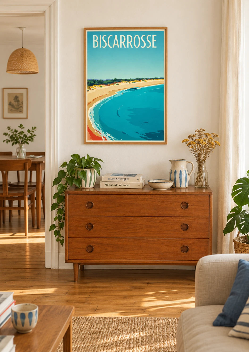 Affiche Biscarrosse Plage surfeur vague Art Déco, A2, vue éloignée