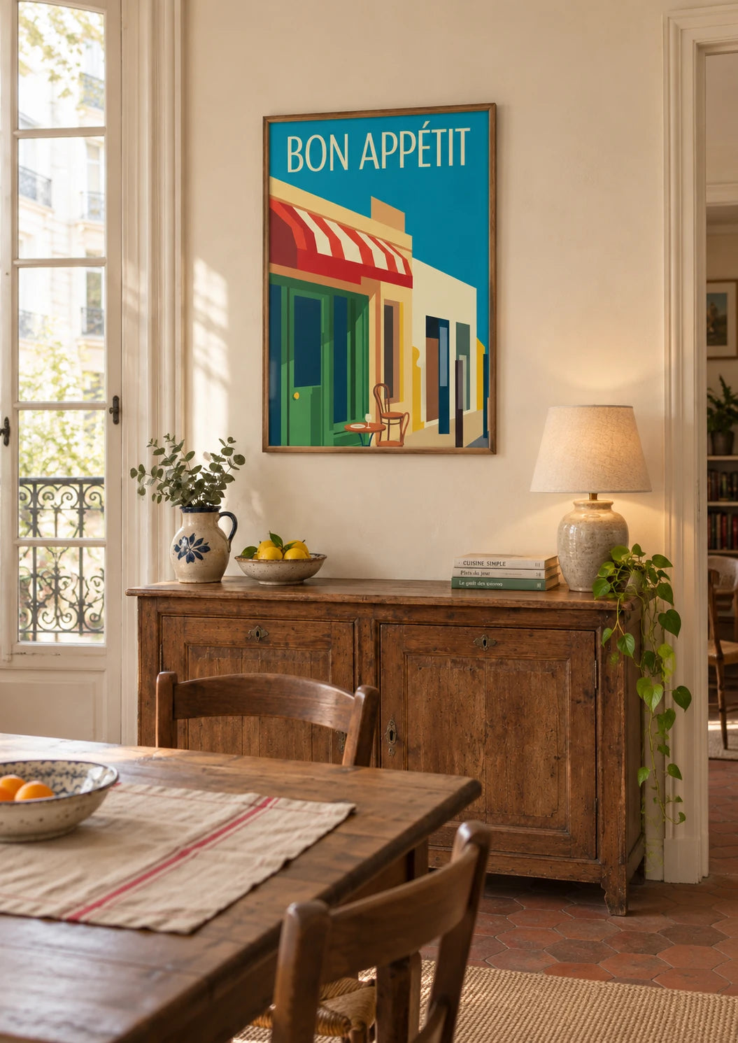 Cuisine : mise en situation de Affiche Bistro Bon Appétit restaurant français rétro