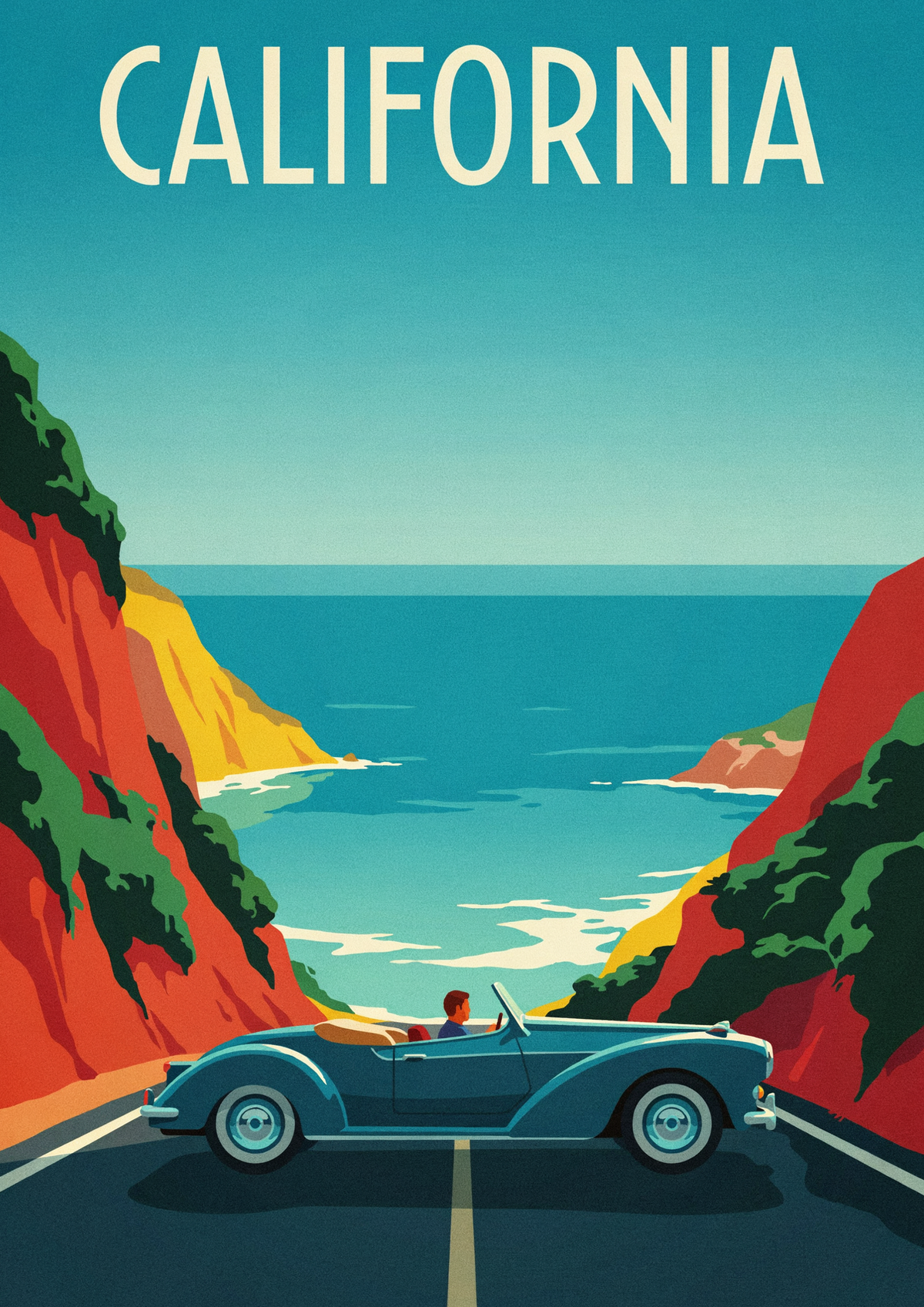 Affiche rétro Californie décapotable et coucher de soleil
