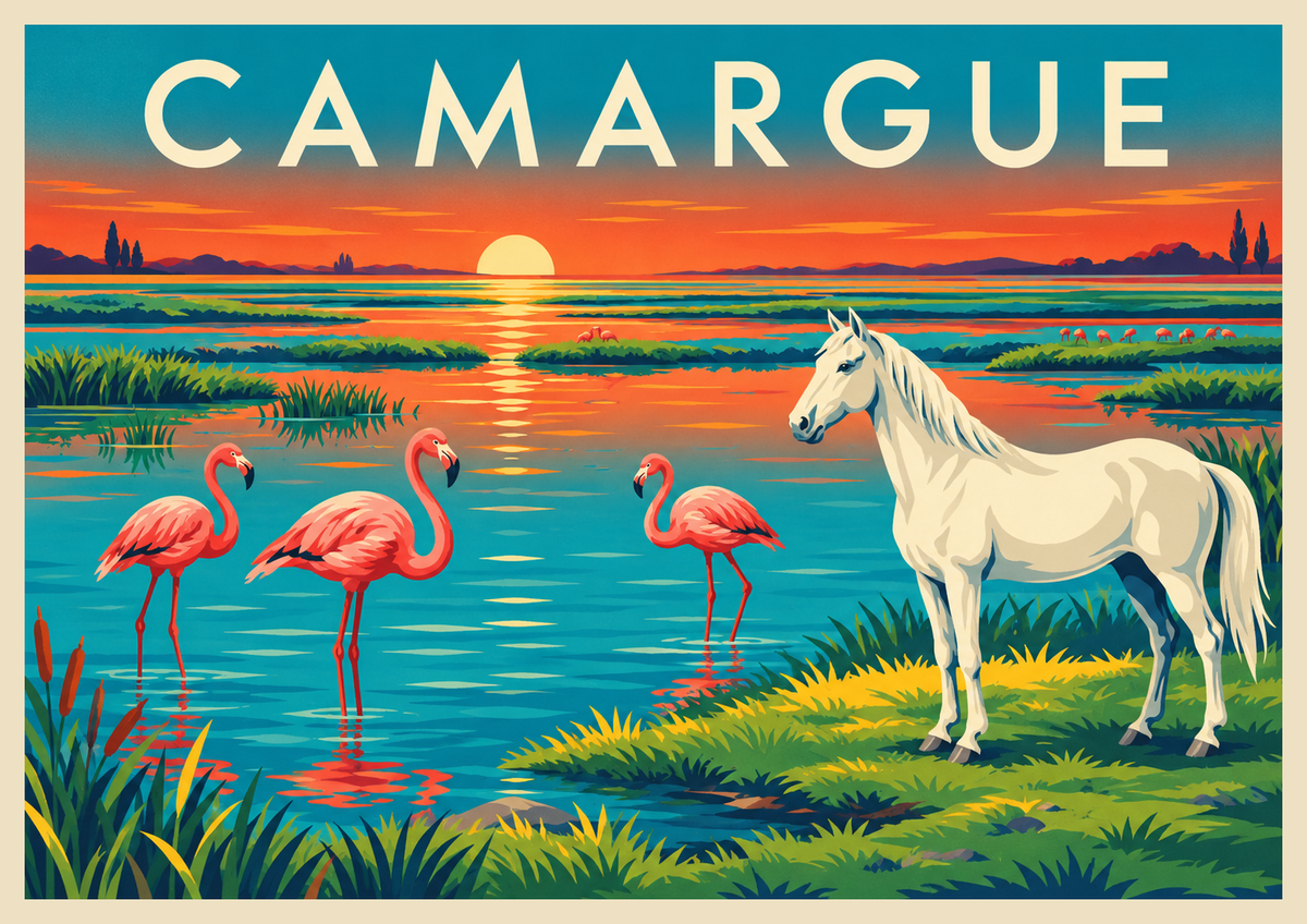 Affiche Cheval blanc Camargue flamants roses
