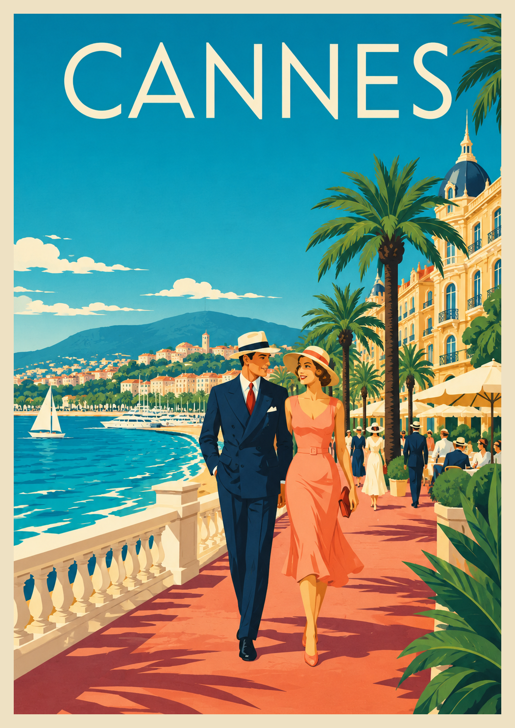 Affiche Cannes couple promenade palmiers bord de mer