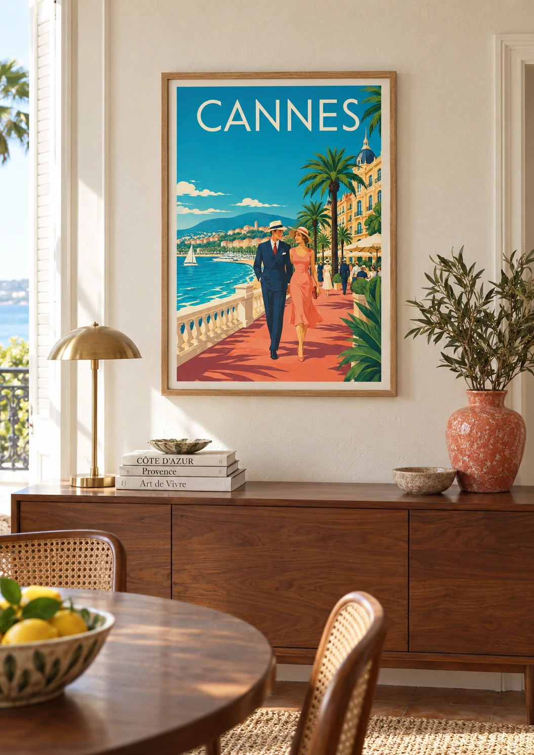 Mise en situation de Affiche Cannes couple promenade palmiers bord de mer
