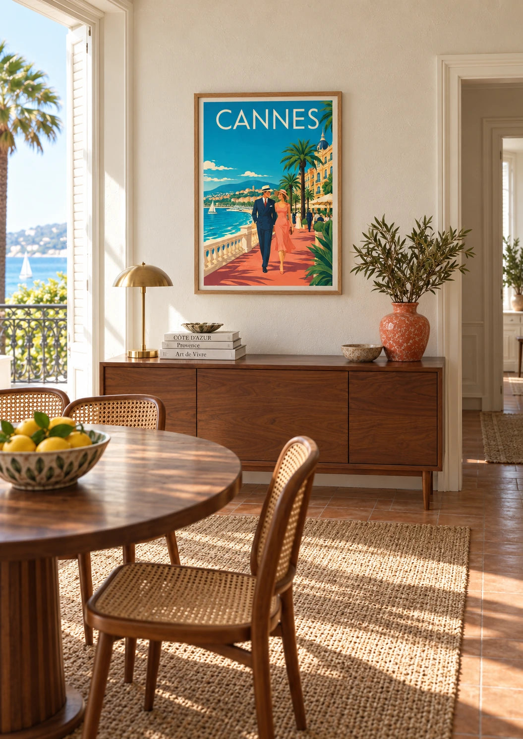 Affiche Cannes couple promenade palmiers bord de mer, A2, vue éloignée