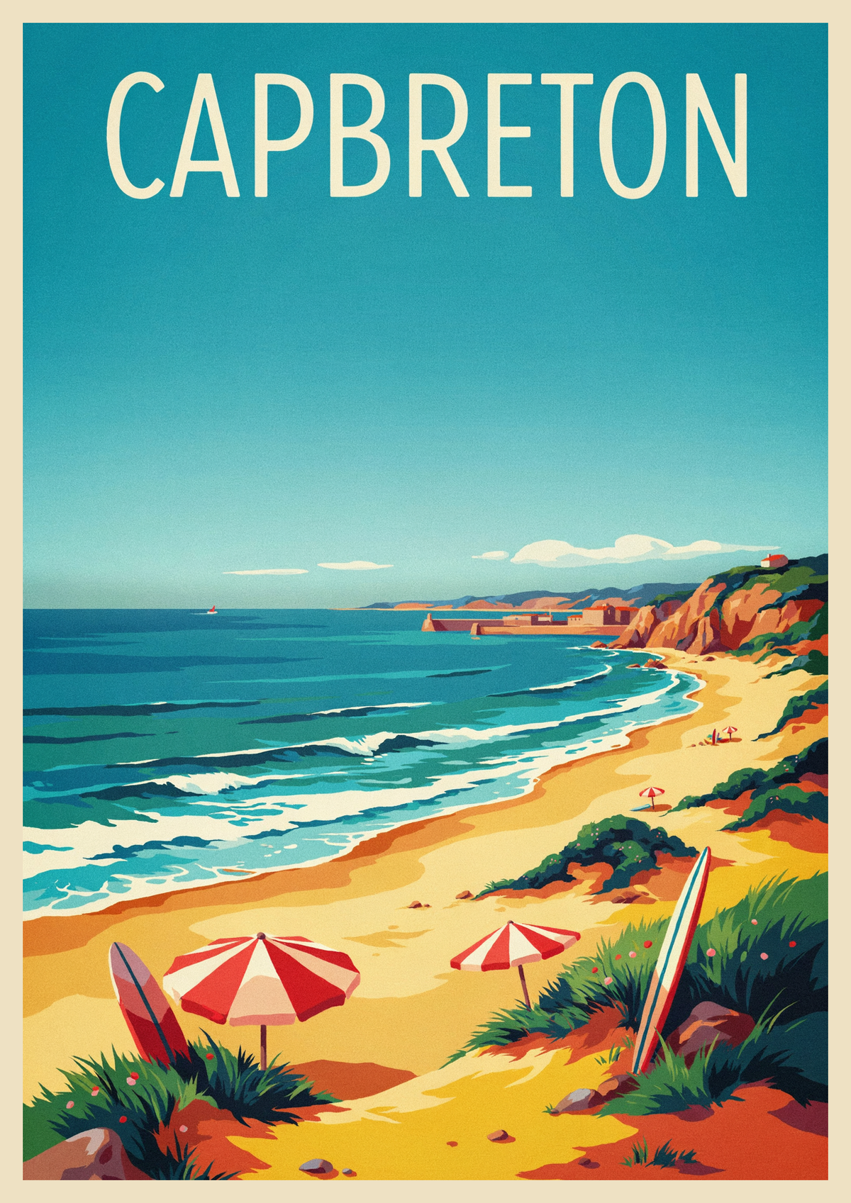 Affiche Capbreton parasols rayés et voiliers côte atlantique