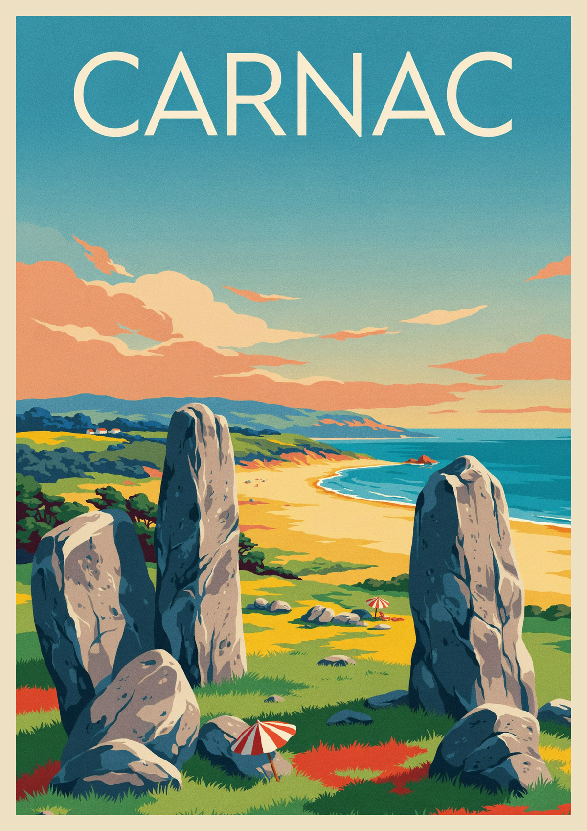 Affiche Carnac Plage menhirs et coucher de soleil