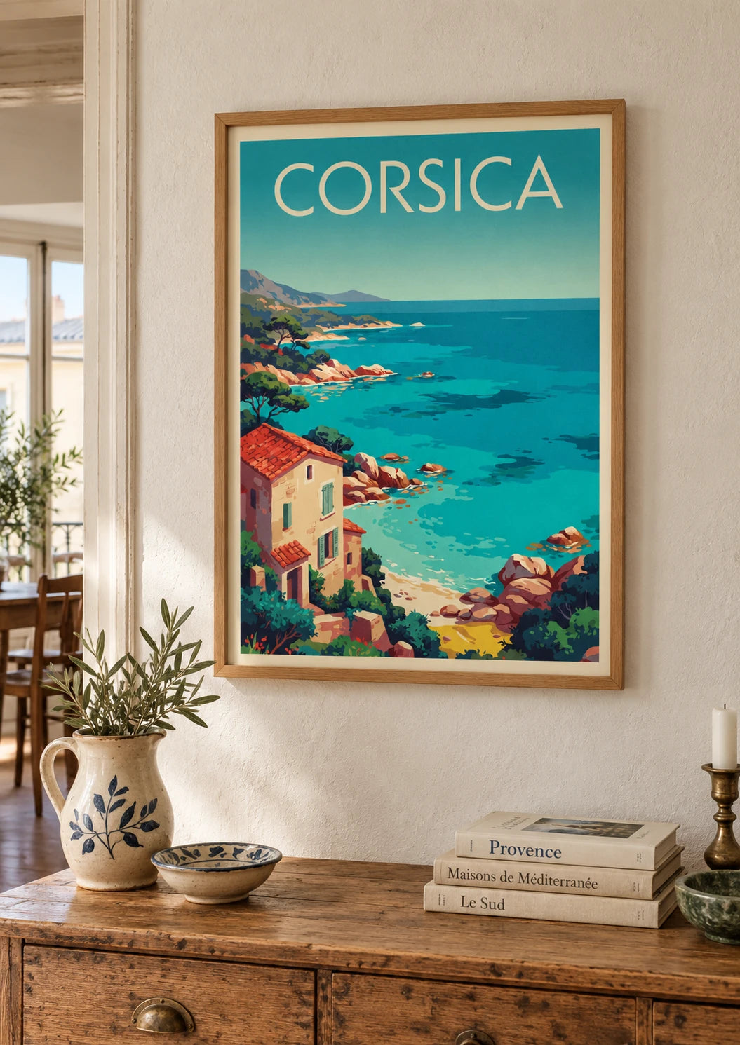 Mise en situation de Affiche Corsica maison méditerranéenne et baie bleue
