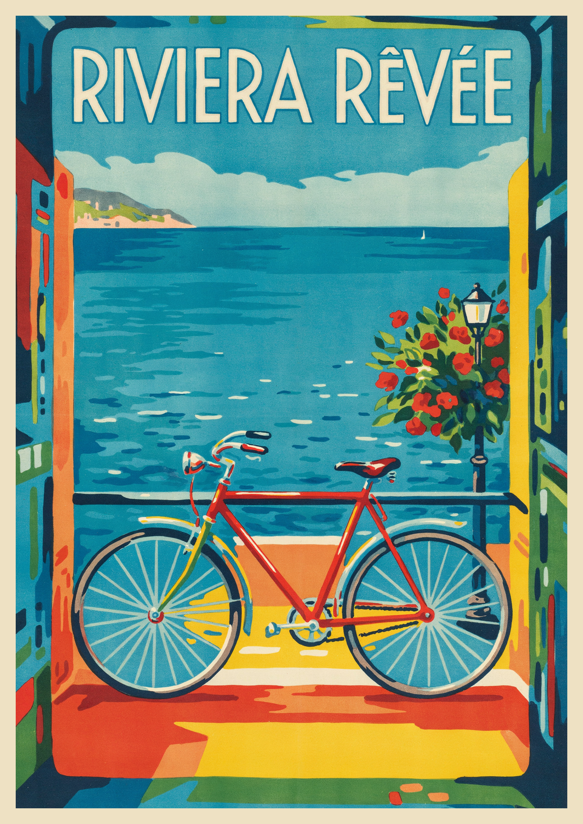 Affiche Riviera Côte d'Azur vélo et lampadaire fleuri