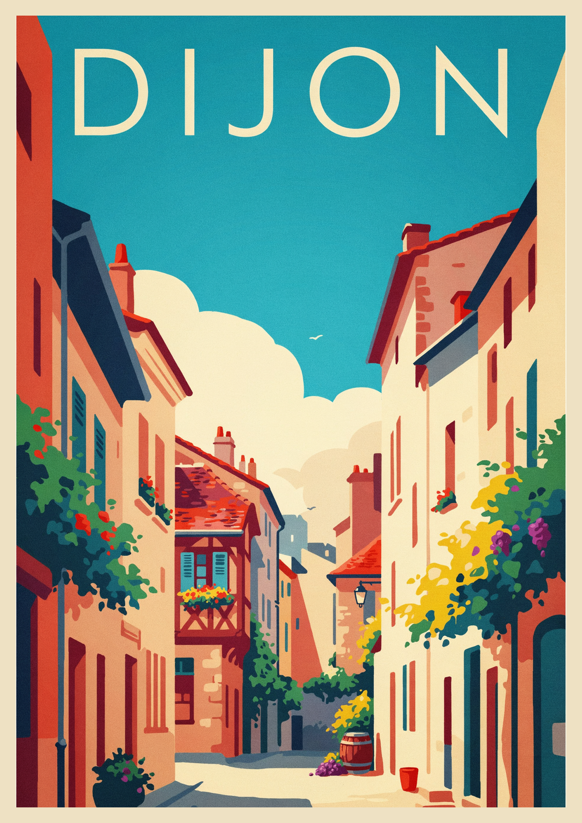 Affiche Dijon Bourgogne vins de France style Art déco