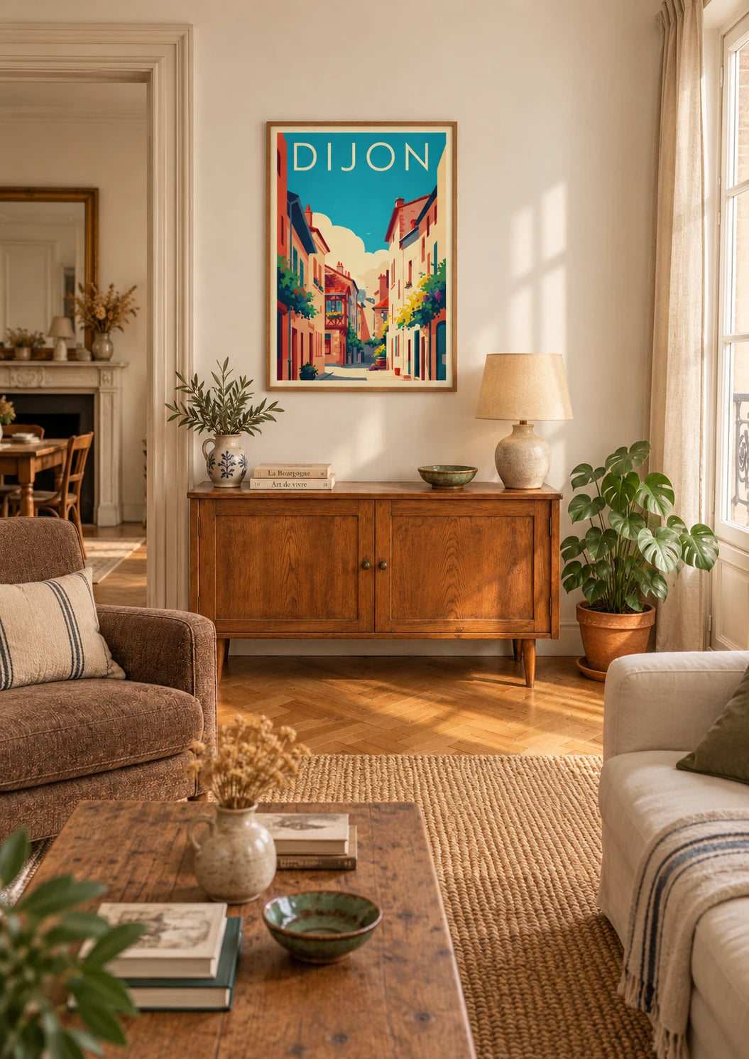 Affiche Dijon Bourgogne vins de France style Art déco, A2, vue éloignée