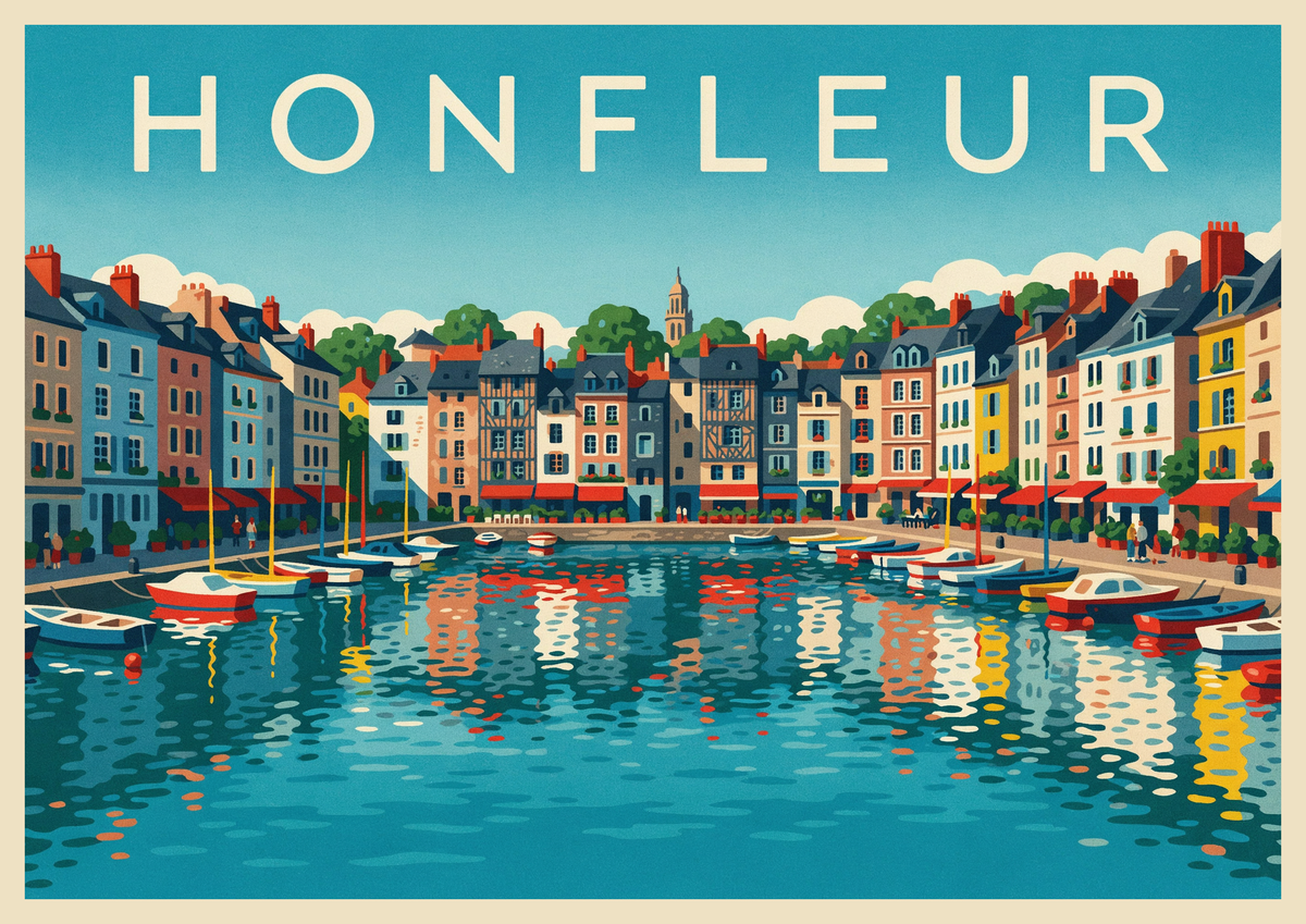 Affiche Port de Honfleur bateaux et façades normandes