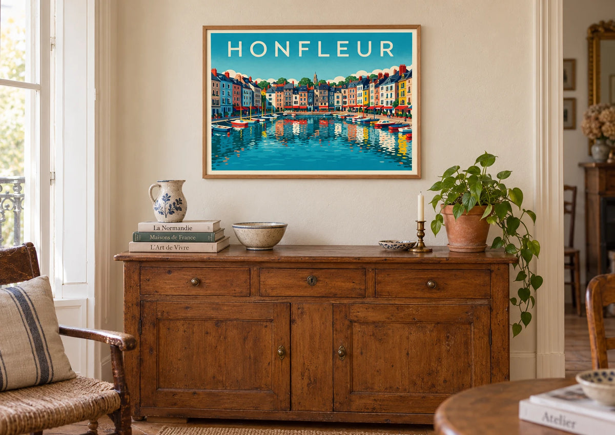 Mise en situation de Affiche Port de Honfleur bateaux et façades normandes