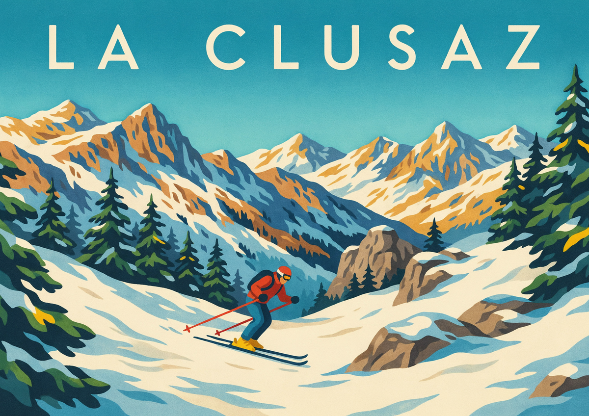 Affiche La Clusaz skieurs vintage pente enneigée