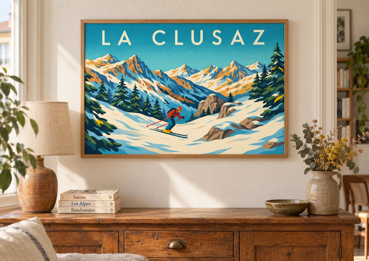 Mise en situation de Affiche La Clusaz skieurs vintage pente enneigée