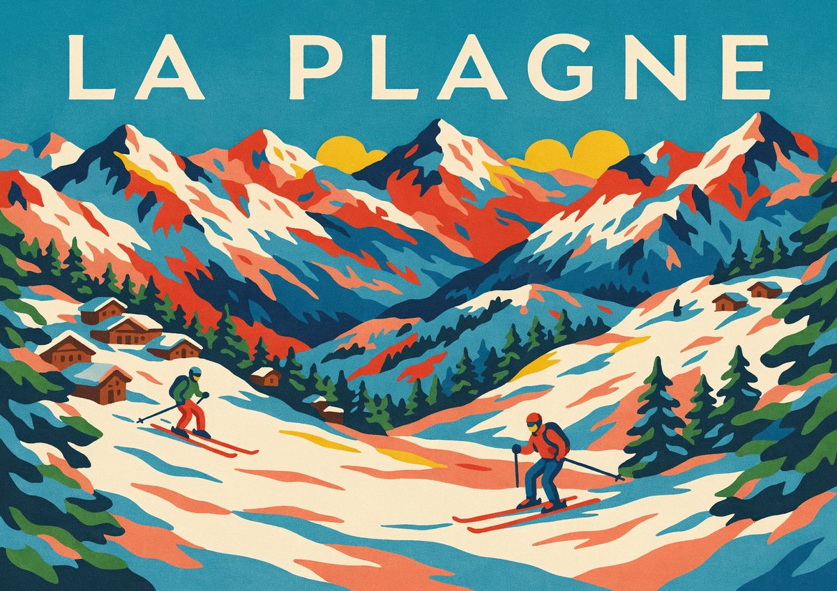 Affiche La Plagne avec skieurs et chalets de montagne