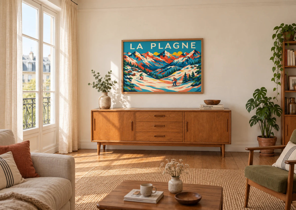 Affiche La Plagne avec skieurs et chalets de montagne, A2, vue éloignée